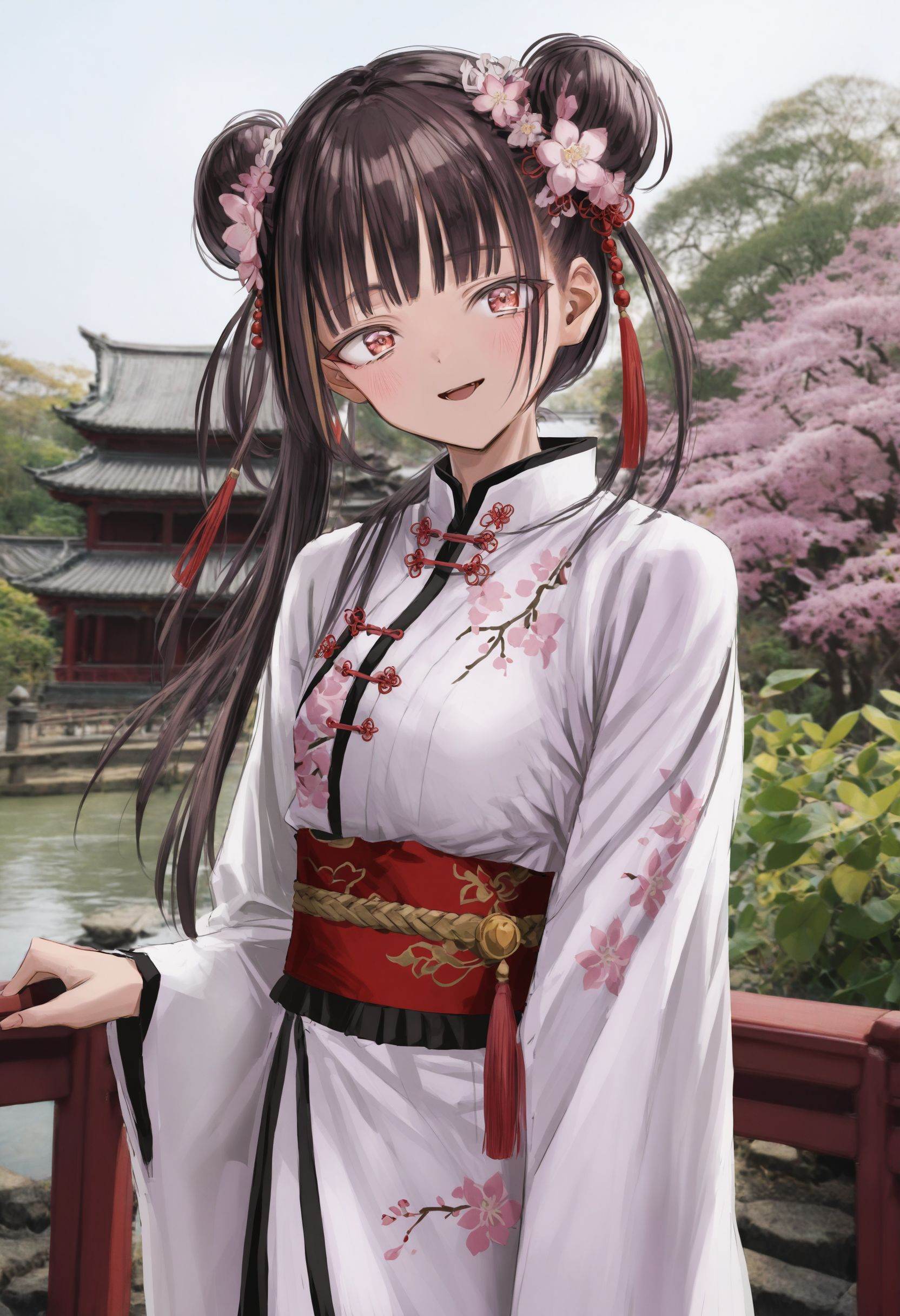 1girl,    solo, flower, hair ornament, hair flower, double bun, hair bun, brown hair, long hair, smile, looking at viewer, pink flower, chinese clothes, blush, hanfu, closed mouth, bangs, long sleeves, upper body, red eyes, railing, pink eyes, outdoors, sash, sidelocks, robe, open mouth, purple hair, orange eyes, black hair, multicolored hair, blunt bangs, jockcur leaves, headband, parted bangs, plant, smoke, pink hair, white robe, hair over shoulder, masterpiece, best quality <lora:GUXLlokr8f-000183:0.95>