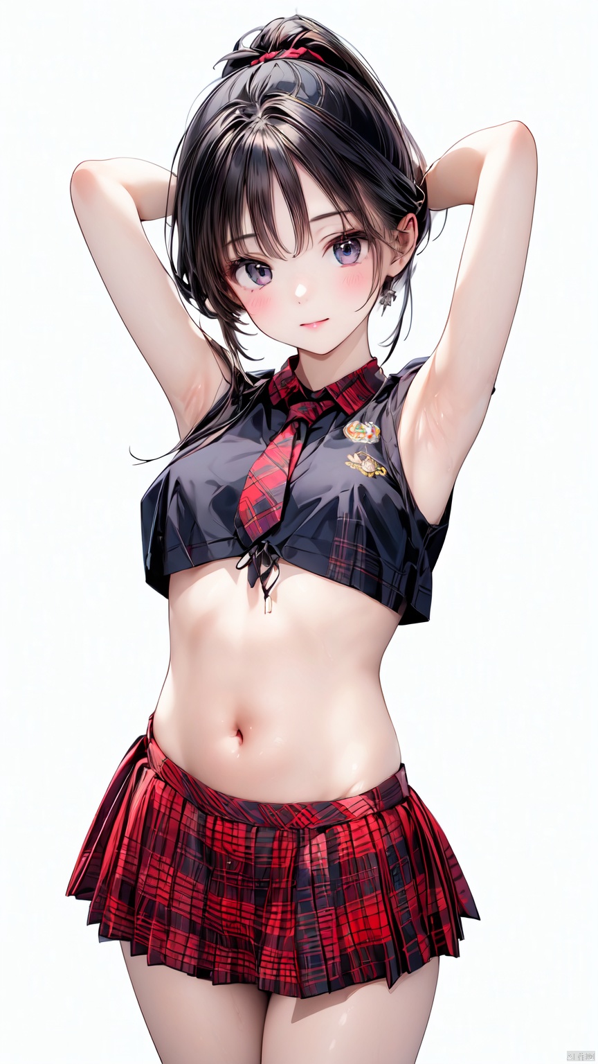 1girl, solo, long hair, looking at viewer, skirt, black hair, white background, navel, midriff, crop top, plaid, plaid skirt,Beautiful Legs,Thigh,necktie,Tight Top,Double horsetail,Ponytail,Arms up,Hands behind your head.<lora:EMS-254762-EMS:0.500000>, <lora:EMS-93-EMS:0.800000>, <lora:EMS-427815-EMS:0.800000>