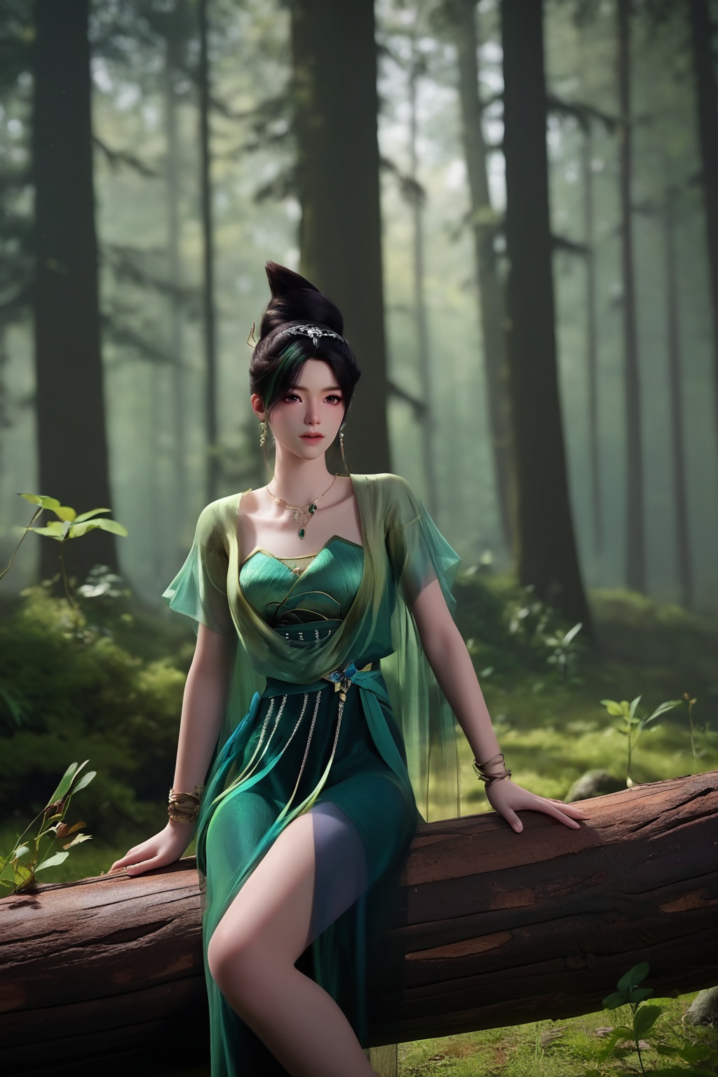 (Balancing on a fallen log in a misty forest, she becomes one with the ethereal surroundings:1.2),(looking at viewer:1.1),<lora:XL16神国之上唐雨:0.95>,miss tangyu,green corset dress,sheer overdress,brown eyes,black hair,green streaked hair,hair updo,necklace,bracelet,jewelry,(large breasts:1.2),, score_9,score_8_up,score_7_up,score_6_up,score_5_up,score_4_up,3d rendering,tag1,tag2, Cinematic Lighting,backlighting,