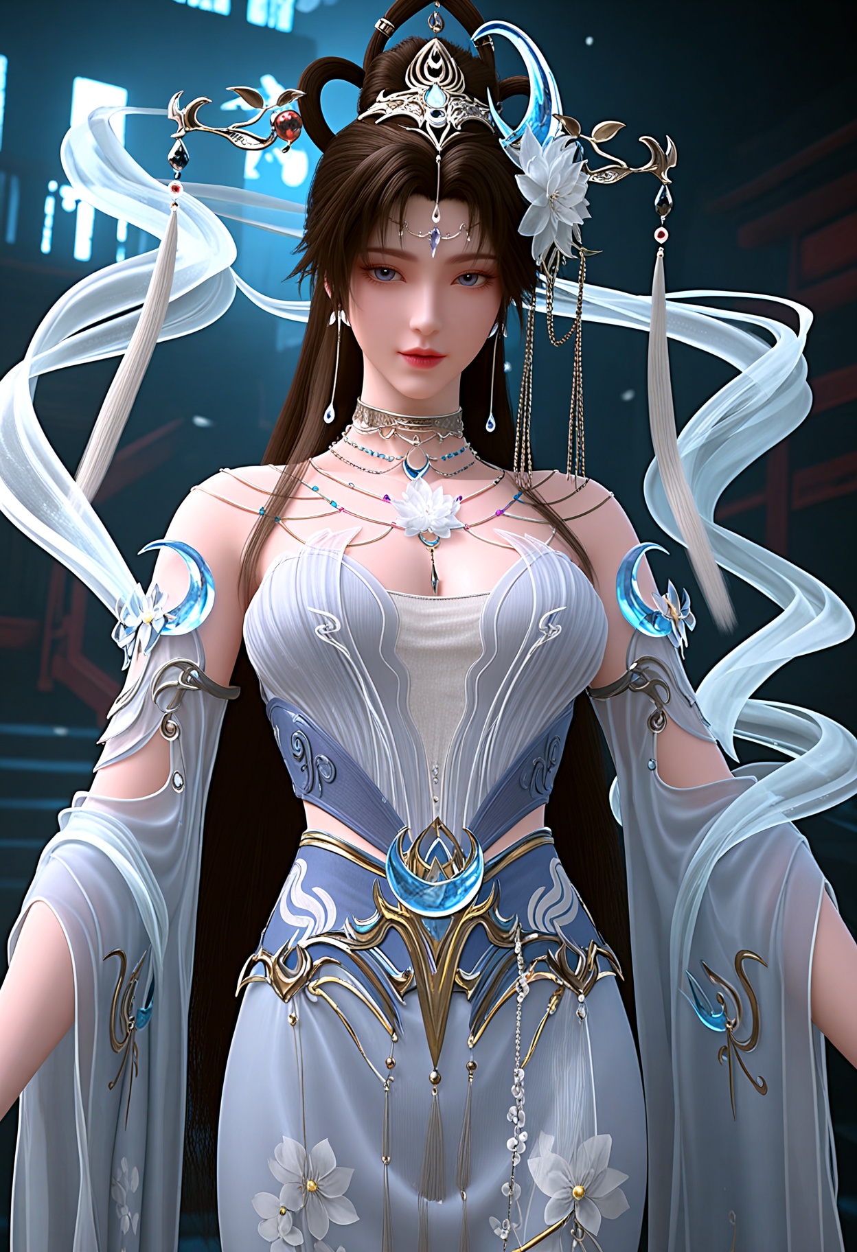 (full_body:1.2),(gigantic breasts:0.6),(slender:1.3),(looking_at_viewer:1.1),(masterpiece:1.1),(best quality:1.2),(intricate details),(smog:1.3),(Dark room:1.3),(dim lighting:1.3),peach blossom,falling petals,<lora:YQ_Illustrious光辉v5_邀月公主_V1:0.8>,q1528437228,1girl,solo,jewelry,long hair,hair ornament,earrings,blue eyes,necklace,dress,forehead mark,black hair,hair flower,brown hair,white dress,hair bun,detached sleeves,hair rings,masterpiece,(best quality),(intricate details:0.9) BREAK (intricate details:0.9),(realistic skin:1.2),masterpiece,best quality,newest,absurdres,hiahres,