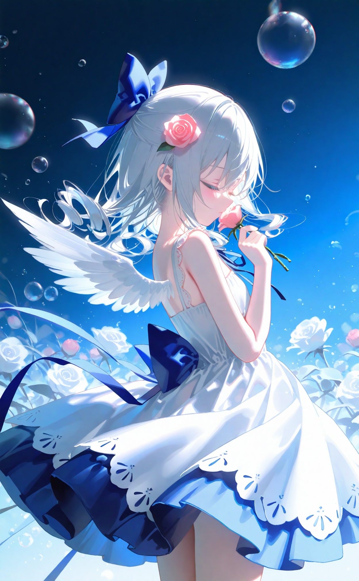 masterpiece,best quality,high quality,loli,chromatic_aberration,Blue Theme,//, (artist:umehara),artist:konya_karasue,(artist:chen bin),artist:tinker_bell,artist:ciloranko,artist:tianliang_duohe_fangdongye,artist:toosaka_asagi,//, bangs, hair ornament, dress, bow, ribbon, flower, hair bow, grey hair, hair flower, rose, drill hair, pink flower,//1girl, solo, long hair, dress, closed eyes, white hair, wings, blue background, bubble, blue theme