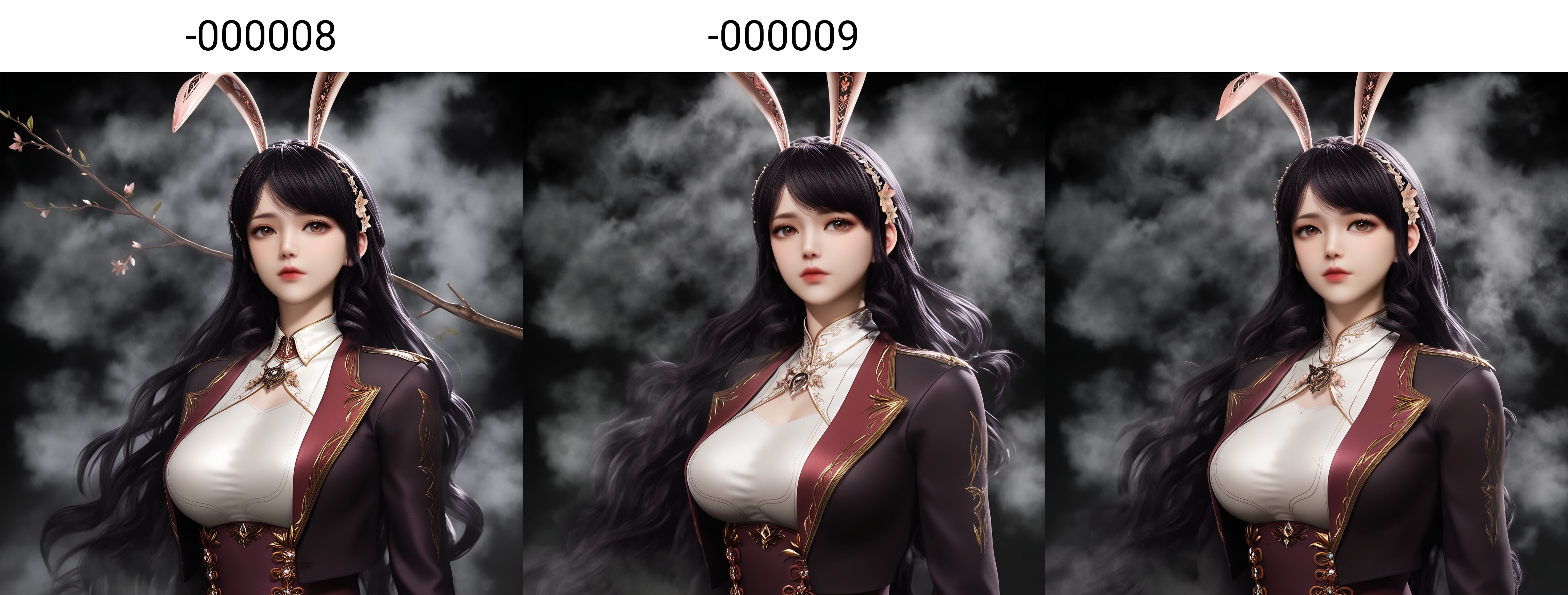 (score_9),masterpiece,best quality,absurdres,highres,BREAK(white_skin),<lora:江楠楠-ill-000008:0.85>,1girl,solo,black hair,long hair,hair ornament,hair flower,brown eyes,jewelry,rabbit ears,fake animal ears,suit,collared_shirt,blazer,skirt_suit,necktie,collarbone,(large breasts),puffy chest,large breasts,looking at viewer,front view,upper body,BREAKsimple background,black background,Tyndall effect,fog,branch,twig,