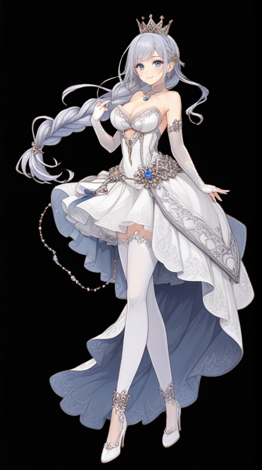(best quality), ((masterpiece)), (highres), illustration, original, extremely detailed,   <lora:死の爱丽丝:0.7>1girl, solo, breasts, long hair, dress, white background, white dress, full body, simple background, pantyhose, looking at viewer, crown, white footwear, cleavage, bare shoulders, floating hair, bangs, jewelry, gloves, blue eyes, smile, white hair, large breasts, grey eyes, closed mouth, medium breasts, fingerless gloves, white pantyhose, high heels, see-through, elbow gloves, grey hair, clothing cutout, thigh strap, very long hair, shoes, white gloves, mini crown, braid, standing, no background