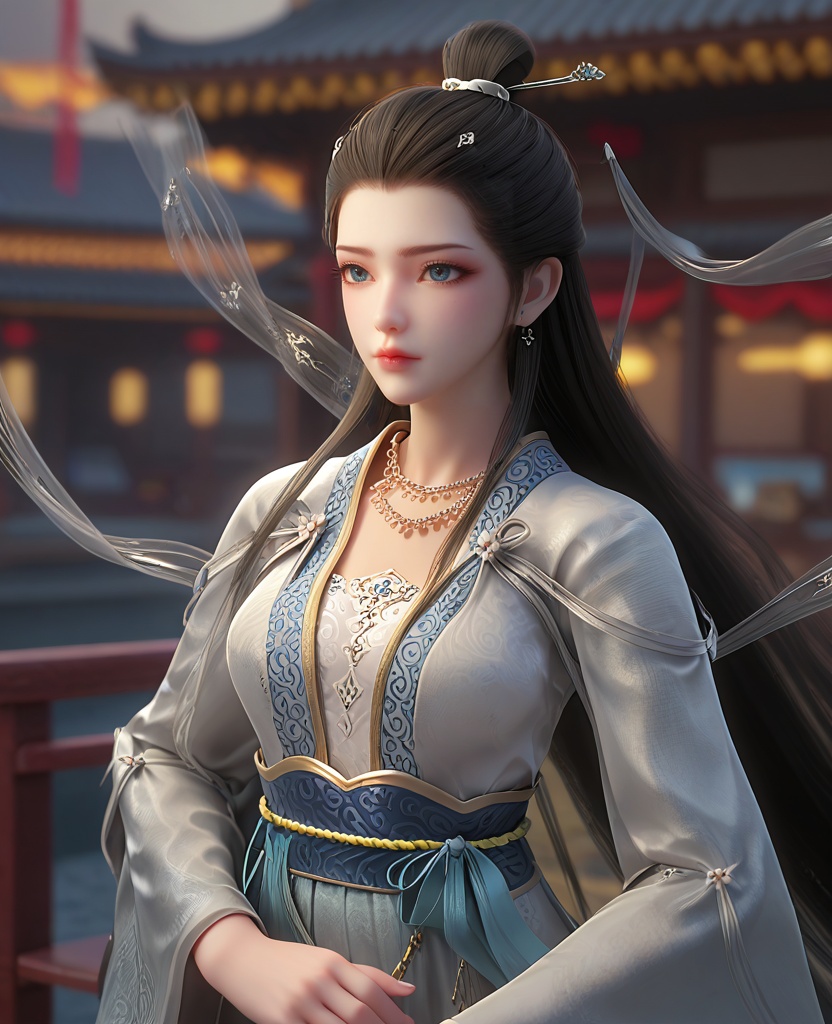 (oriental architecture, elegant decor, sophisticated style:1.1),(leaning against the handrail:1.1),(breasts:1.2),<lora:XL16长生界九州神女兰若:0.95>,miss lanruo,white dress,blue eyes,black hair,very long hair,hair bun,necklace,hanging hair,hair ornament,silk shawl,white bra,sash,blue dress hem,, score_9,score_8_up,score_7_up,score_6_up,score_5_up,score_4_up,3d rendering,tag1,tag2, Cinematic Lighting,backlighting,