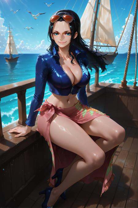 ilnicorobin, nico robin, 1girl, breasts, eyewear on head, navel, long hair, black hair, solo, sunglasses, watercraft, smile, looking at viewer, stomach, ship, jacket, sky, seagull, blue eyes, crop top, cropped jacket, outdoors, long sleeves, sarong, partially unzipped, cleavage, large breasts, midriff, blue sky, day, blue jacket, ocean, zipper, <lora:illustrious Nico Robin-1024x1600:1>, high heel, full body, thighs