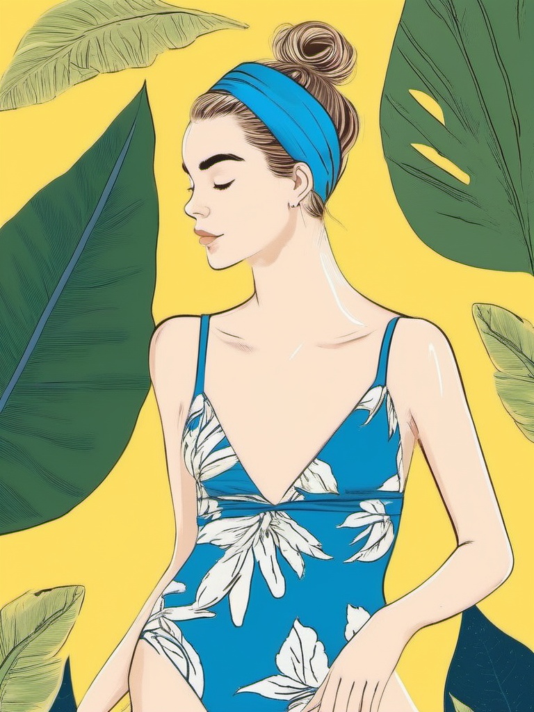 1NK ,  ,  The image shows a young woman in a blue one-piece swimsuit with a floral pattern. She is standing in front of a...