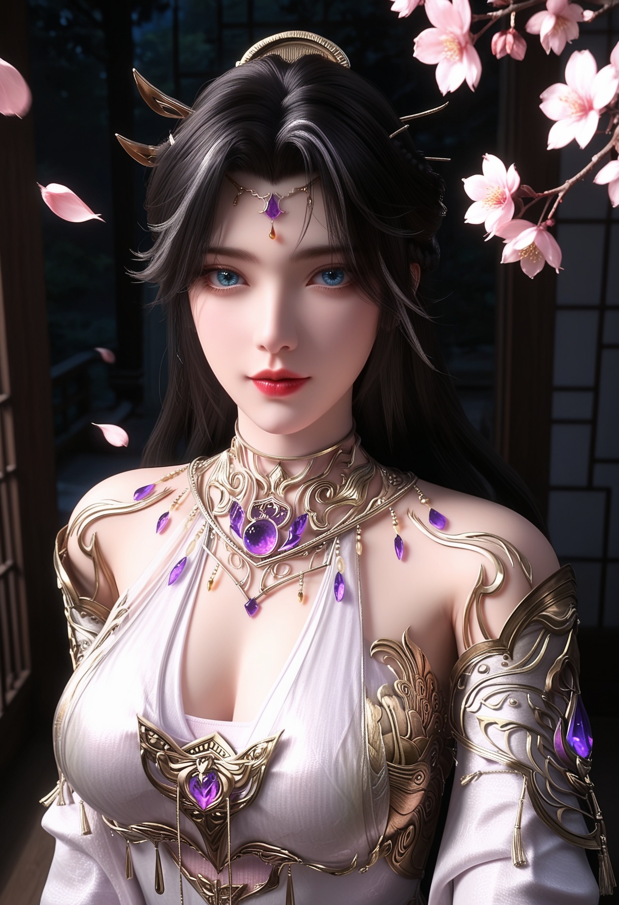 masterpiece,best quality,amazing quality,very aesthetic,high resolution,ultra-detailed,absurdres,scenery,photorealistic,(looking at viewer:1.1),upper body,(Dark room:1.3),(moody lighting:1.1),peach blossom,falling petals,(large breasts:0.8),monvzhenshen,1girl,solo,black hair,long hair,jewelry,dress,white dress,hair ornament,blue eyes,detached sleeves,bare shoulders,gem,realistic,necklace,braid,barefoot BREAK photorealistic details,<lora:QQSillmonvzhenshenV1:0.8>,