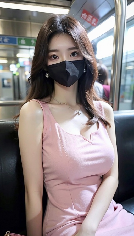 (best quality, masterpiece:1.3),1girl,jinyu.1girl,solo,big breasts,cleavage,narrow_waist,slender,pale_skin,long hair,straight_hair,(masks:1.1),(mouth_mask:1.2),china_dress,print_cheongsam,color contact lenses,mole under eye,nail_art,(upper_body:1.3),sitting in the subway,portrait,(stud earrings:1.2),(holding:1.1),(holding_bag:1.2),(front view:1.2),(looking_at_viewer:1.4),(eye-contact:1.4),pendant,necklace,pink dress,sweater,dress,pink_dress, <lora:meinv45:0.7>,pink_dress,   <lora:高贵御姐连衣裙LY:0.7>,