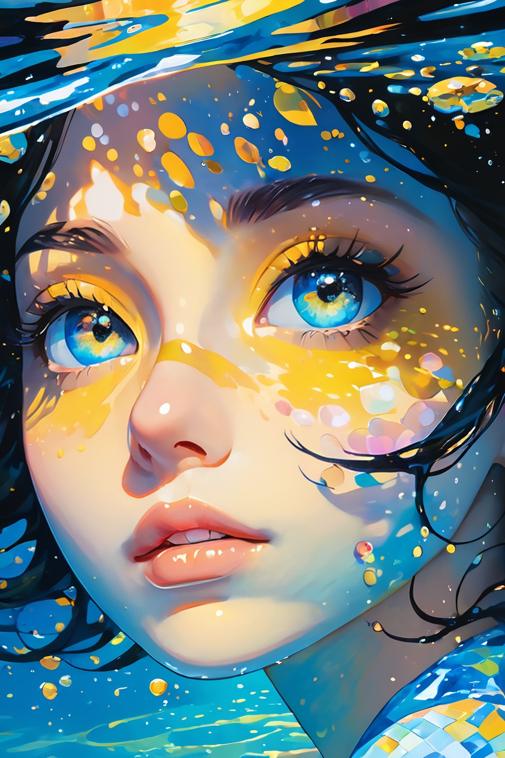 girl swims underwater,hyper detailed render style,glow,yellow,blue,brush,surreal oil painting,shiny eyes,head closeup,exaggerated perspective,tyndall effect,water drops,mother of pearl iridescence,holographic white,black background, <lora:20240510-1715326285381:0.7>