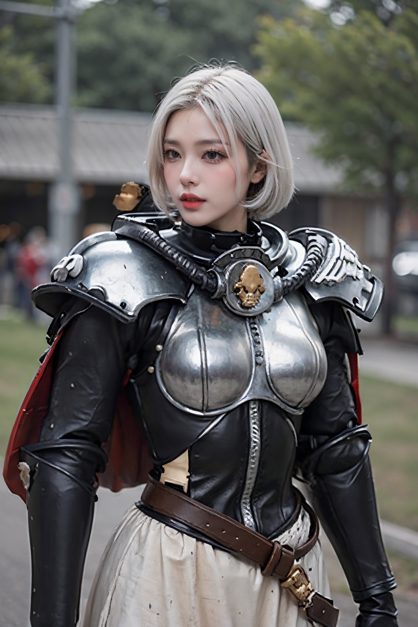 masterpiece,best quality,(photorealistic:1.4),(ultra detailed:1.3),masterpiece,unity 8k wallpaper,pelvic curtain,1girl,Sisters of battle,power armor,solo,skull,shoulder armor,pauldrons,white hair,short hair,boobplate,<lora:Sisters_of_battle-000009:0.7:lbw=TEXT1>,upper body,outdoors,