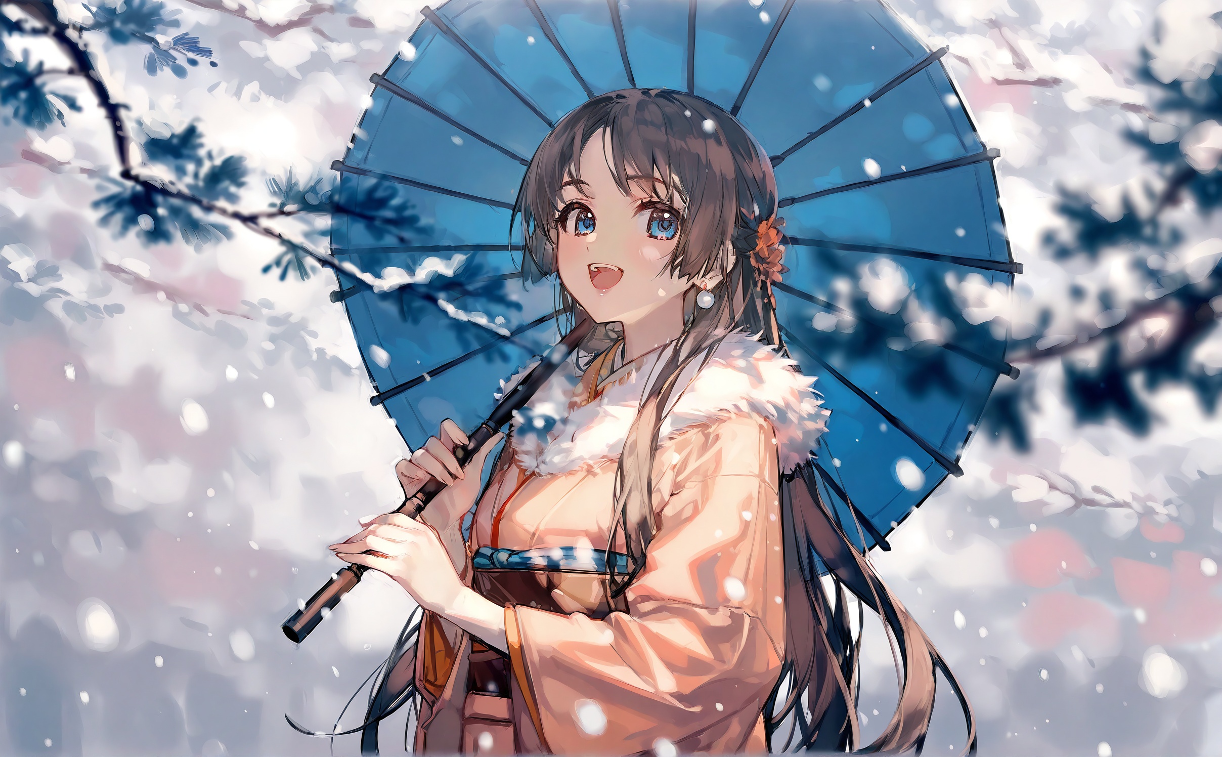 1girl,solo,umbrella,holding umbrella,japanese clothes,holding,long hair,kimono,blue eyes,oil-paper umbrella,branch,open mouth,smile,upper body,blue umbrella,sash,snow,tree,blurry,blurry foreground,obi,pink kimono,long sleeves,looking at viewer,snowing,fur trim,teeth,upper teeth only,black hair,winter,outdoors,brown hair,depth of field,:d,earrings,brown kimono,jewelry,orange kimono,<lora:ciloranko-000040:1>,