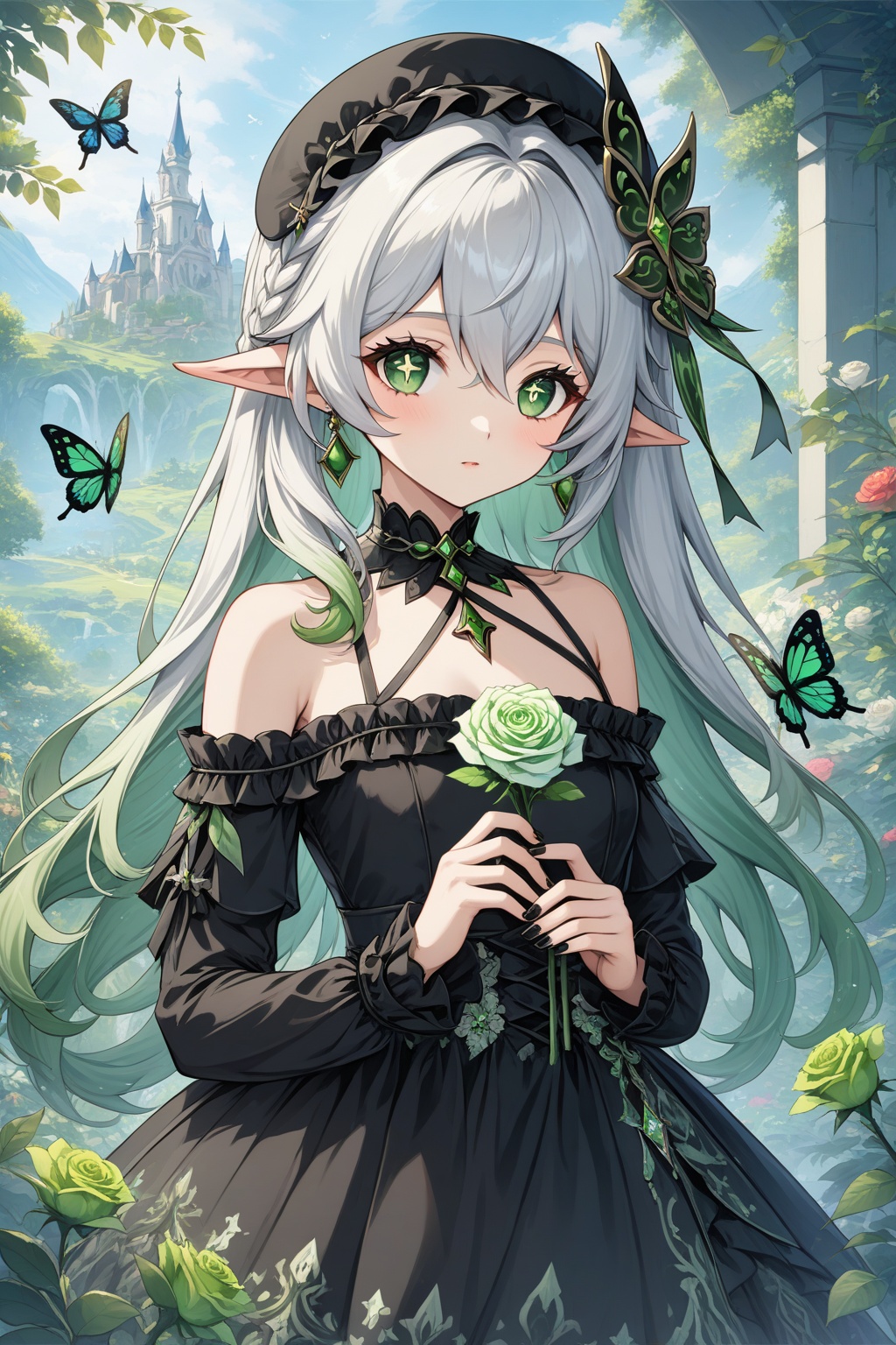 (masterpiece),(best quality),illustration,ultra detailed,hdr,Depth of field,(colorful),1girl,black flower,black rose,rose,nahida (genshin impact),solo,green eyes,flower,pointy ears,butterfly,side ponytail,holding,bug,black nails,dress,holding flower,white hair,looking at viewer,long hair,jewelry,hair ornament,alternate costume,hair between eyes,green hair,symbol-shaped pupils,frills,black dress,choker,hairband,green nails,nail polish,black choker,bare shoulders,upper body,collarbone,multicolored hair,off shoulder,earrings,off-shoulder dress,lolita fashion,covered mouth,white rose,green flower,gem,long sleeves,black headwear,cross-shaped pupils,
