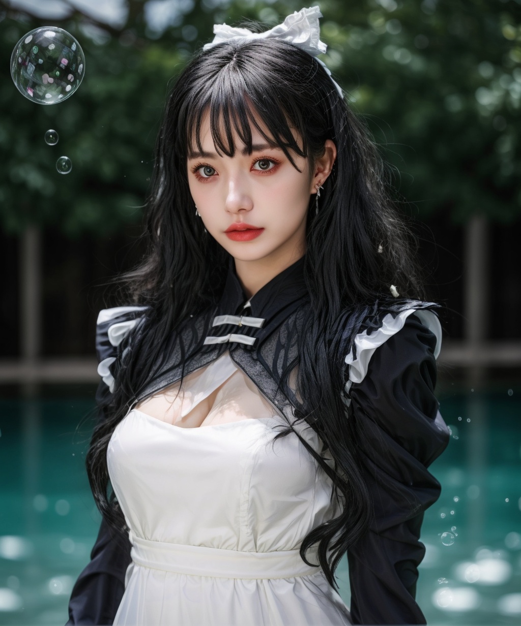 Ultra-realistic 8k CG,masterpiece,best quality,(photorealistic:1.4),HDR,absurdres,Professional,RAW photo,lens flare,Bokeh,((Depth of field)),Highly detailed,Professional,extreme detail description,best quality,masterpiece,realistic,a woman is standing under a lot of bubbles in the air and looking at the camera,1girl,upper body,black_hair,dress,earrings,looking_at_viewer,parted_lips,submerged,underwater,<lora:玲珑双子白1.0_v2:0.8>,1girl,solo,black hair,long hair,dress,long sleeves,hair bow,looking at viewer,simple background,<lora:add_more_details:0.4>,