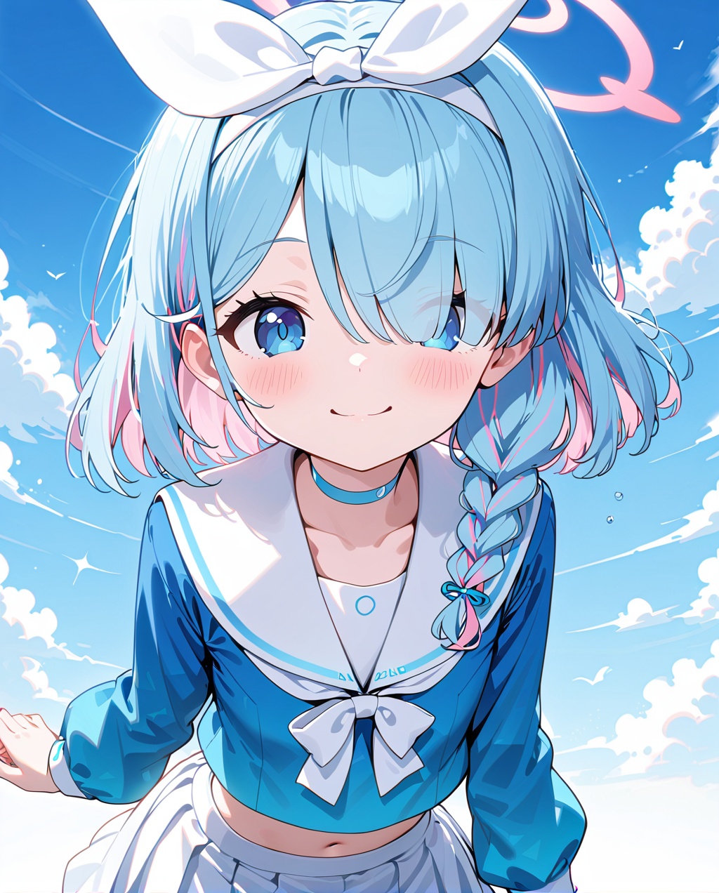 arona (blue archive),1girl, arona (blue archive), halo, solo, blue eyes, school uniform, blue hair, sky, smile, long hair, cloud, blush, skirt, pink hair, looking at viewer, hair over one eye, multicolored hair, braid, choker, white skirt, alternate hairstyle, serafuku, colored inner hair, bow, blue shirt, ribbon, hairband, alternate hair length