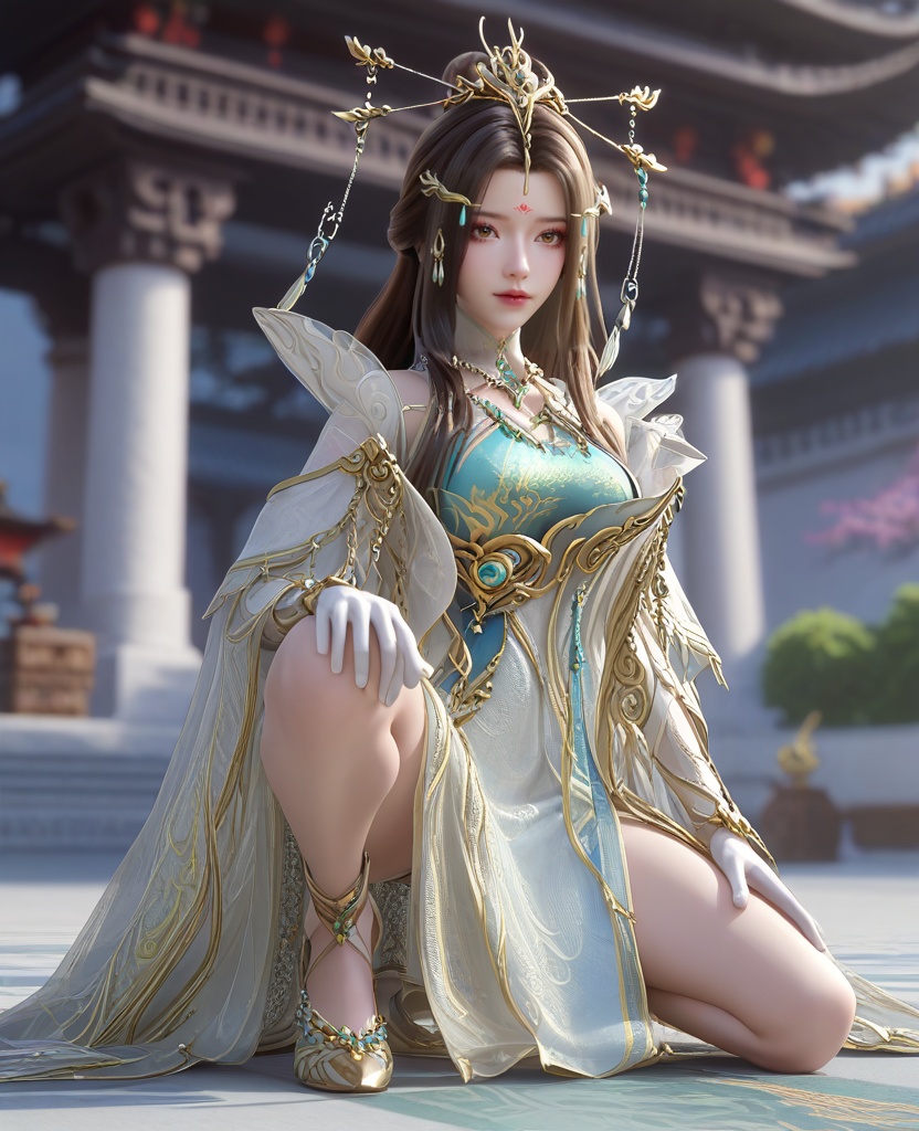 (oriental architecture, elegant decor, sophisticated style:1.1),(Squatting,:1.1),(cowboy shot:1.1),(large breasts:1.2),<lora:XL16云深不知梦云望舒少宗主服:0.95>,miss yunwangshu,white gown with tulle skirt,shawl,brown eyes,forehead mark,very long hair,traditional chinese updo with long front strands,hair ornament,jewelry,blue bandeau,white gloves,, score_9,score_8_up,score_7_up,score_6_up,score_5_up,score_4_up,3d rendering,tag1,tag2, Cinematic Lighting,backlighting,