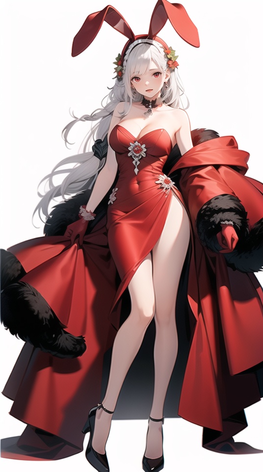 (best quality), ((masterpiece)), (highres), illustration, original, extremely detailed,1girl, breasts, solo, animal ears, dress, long hair, gloves, red eyes, red dress, rabbit ears, braid, very long hair, large breasts, high heels, white background, full body, looking at viewer, white hair, simple background, elbow gloves, red gloves, standing, cleavage, white footwear, bare shoulders, jewelry, side slit, choker, earrings, fake animal ears, single braid, long dress, mole, feather boa, long legs, thighs, bangs, mole under eye, strapless, legs, extra ears, hair ornament, official alternate costume, covered navel, hand on own chest, no background