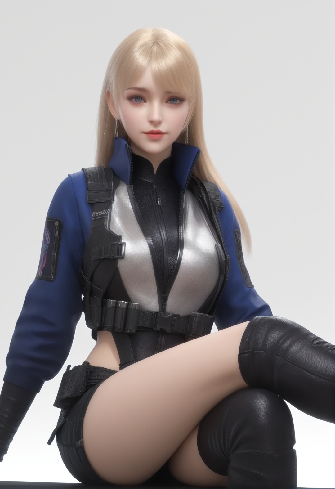 supermodel,score_8_up,score_7_up,hyperdetailed,hyperrealistic,volumetric lighting,focus on face,textured skin,eye lighting,SkinHairDetail,zPDXL,intricate and refined delicate details,unreal engine,very attractive,ultra high res,Expressiveh,realistic skin,score_9,score_8_up,score_9,score_8_up,1 girls,high cold face,yujie,breasts,jewelry,beautiful eyes,detailed eyes,best quality,<lora:cf岚兮儿:0.8>,black shorts,blonde hair,blue eyes,cf,earrings,jewelry,long hair,realistic,shorts,simple background,thigh boots,white background,whole body,sit in,crossed_legs,