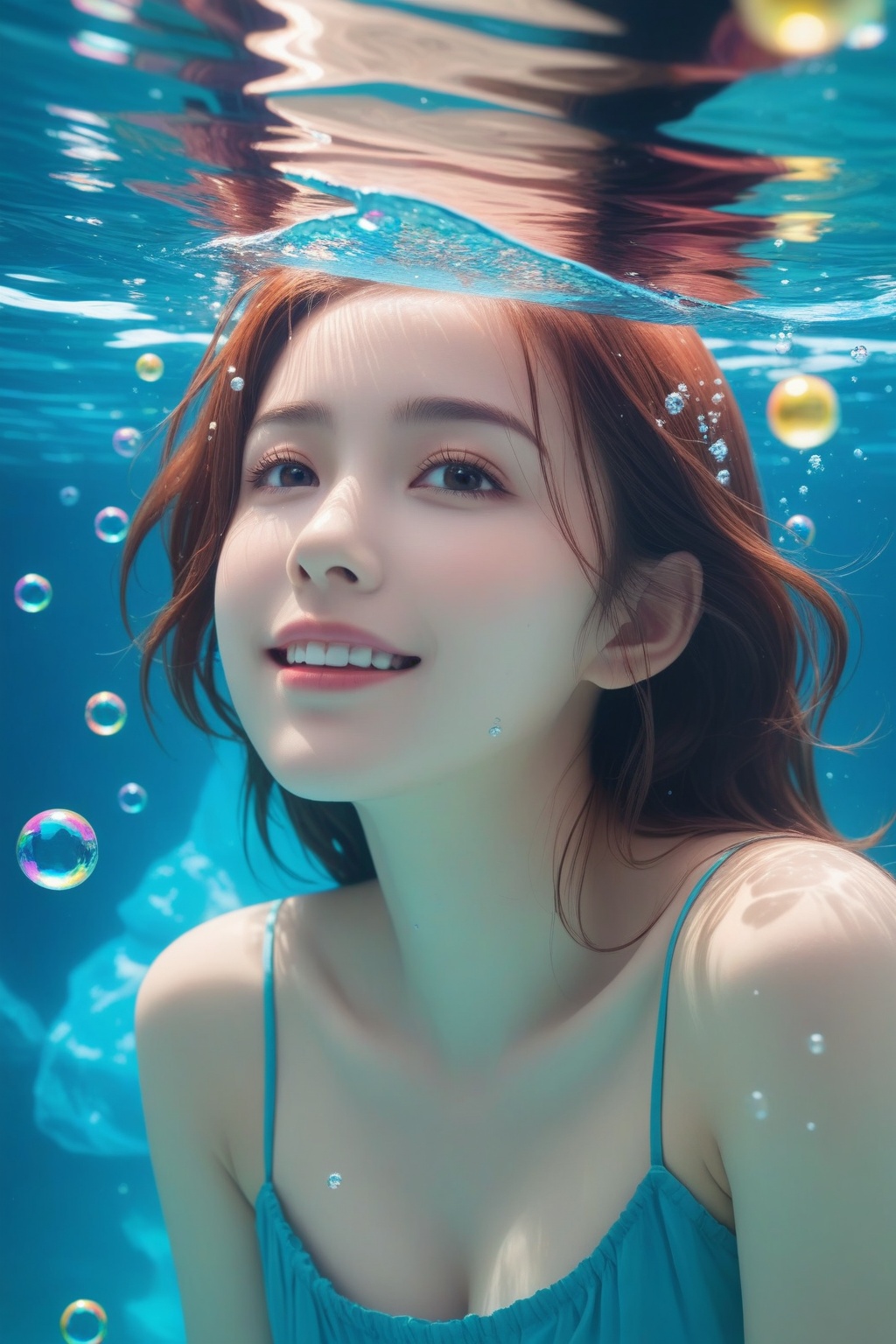 1 girl,medium chest,smile,close-up,solo,underwater,drowning,bubbles,loneliness,struggle,surreal imagery,dreamy atmosphere,contrasting colors,complex and detailed elements,