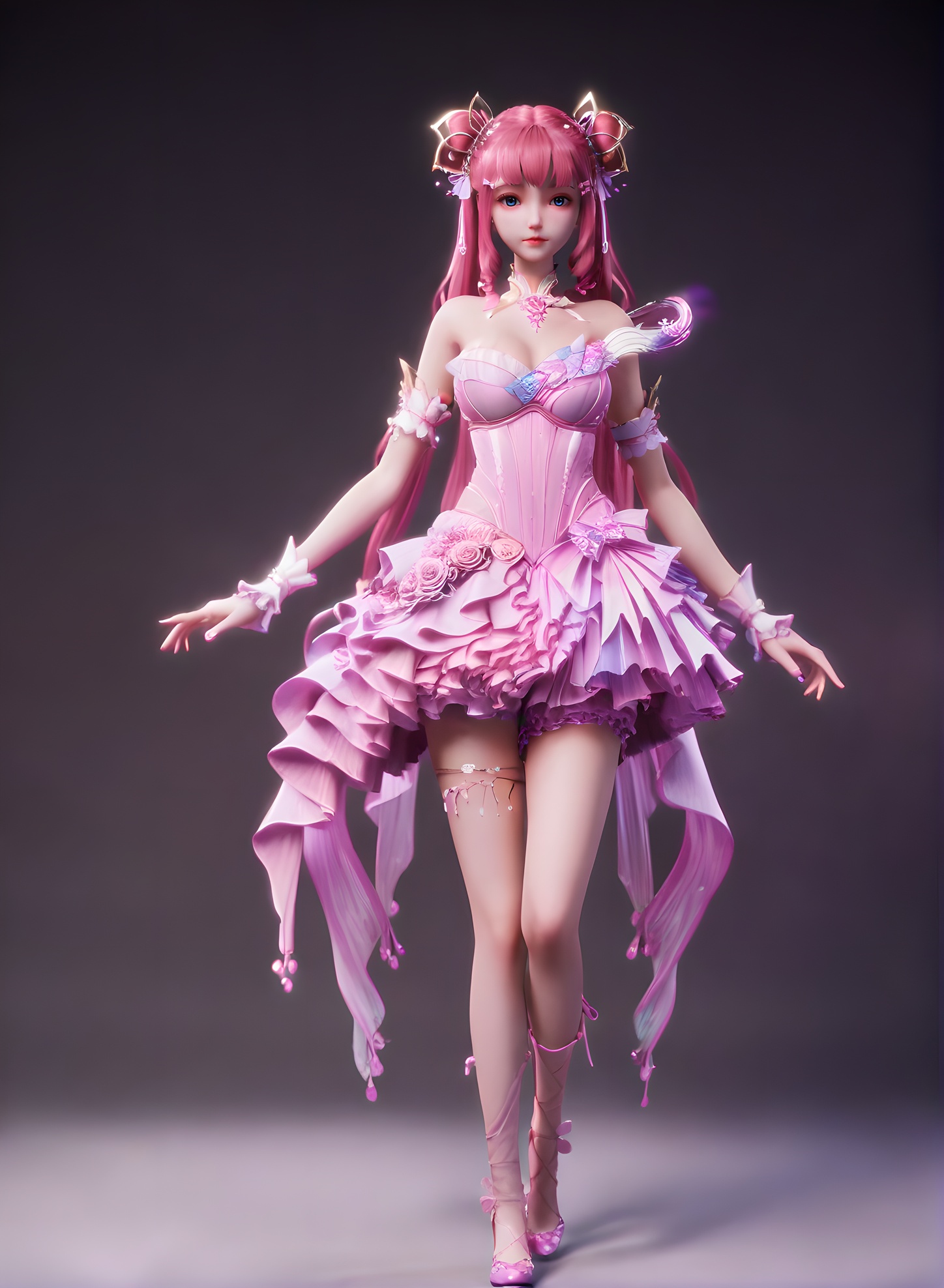 fair_skin,white_skin,Ivory_skin,score_9,<lora:SF_ChenYingErSecondClothes_Pony_Realism-000004:0.7>,hair ornament,pink dress,1girl,breasts,large breasts,standing,solo,looking at viewer,simple background,