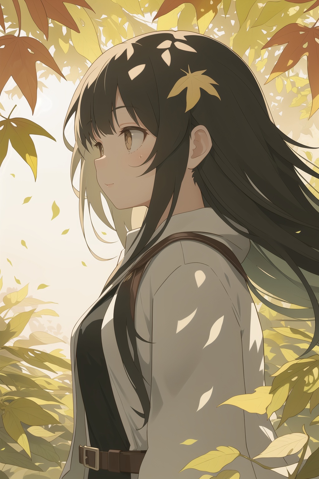 1girl,upper body,sunlight,lovely,leaf,atmospheric perspective,vanishing point,