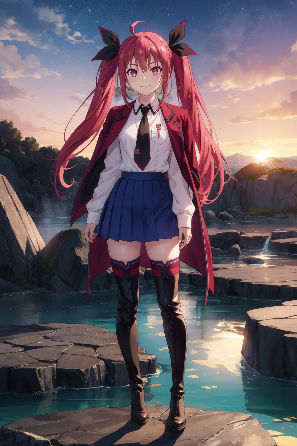 <lora:Kotori-000010:0.8>,Kotori cyql,1girl,looking at viewer,solo,twintails,red hair,ahoge,long hair,ribbon,hair ribbon,red eyes,school uniform,white shirt,jacket on shoulders,necktie,skirt,thighhighs,boots,thigh boots,Teasing, A playful smirk, a raised eyebrow, and a hint of dominance.,bust,beautiful face,beautiful eyes,glossy skin,shiny skin,Geysers, Volcanic, Steam, Landscape, Hot Springs, Colors, Serenity, Power,(Coastal wildflowers, Sand dunes, Coastal breeze, Wildflower explosion, Coastal landscape, Sunset hues:0.6),beautiful detailed sky,beautiful detailed glow,posing in front of a colorful and dynamic background,masterpiece,best quality,beautiful and aesthetic,contrapposto,female focus,wallpaper,fashion,