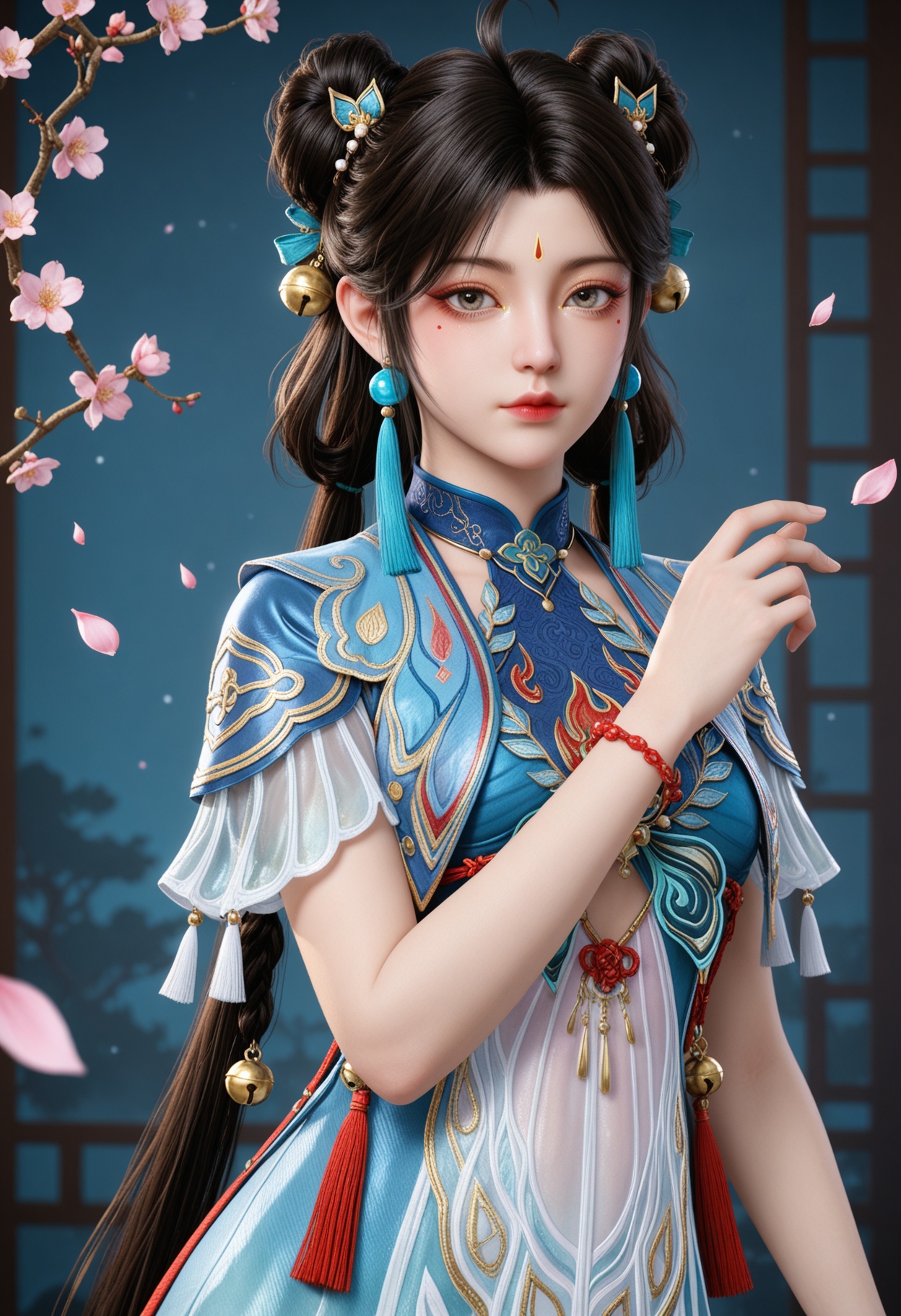 (upper_body:1.2),(looking at viewer:1.1),masterpiece,(best quality),smog,Dark room,dim lighting,peach blossom,falling petals,<lora:YQ_Illustrious光辉v5_蓝梦_V1:0.8>,q1528437228,1girl,solo,jewelry,black hair,dress,hair ornament,earrings,long hair,hair bun,chinese clothes,double bun,tassel,blue dress,facial mark,forehead mark,bell,bracelet,short sleeves,mole under eye,brown hair,grey eyes,beads,shoes,ahoge,hair rings,brown eyes,white footwear,china dress,hair bell,braid,jingle bell,sandals,