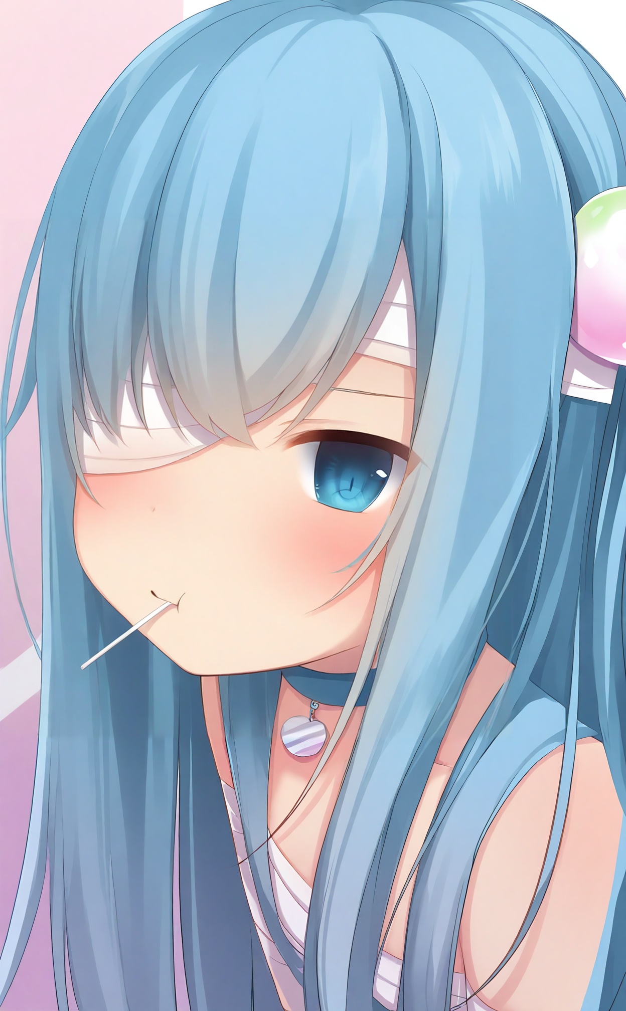 masterpiece,absurdres,best quality,loli,petite,high quality,chromatic_aberration,//,1girl, solo, blue_eyes, blue_hair, bandage_over_one_eye, food, looking_at_viewer, close-up, candy, :t, portrait, lollipop, choker, blush, closed_mouth, food_in_mouth, pout, long_hair, mouth_hold//,//,<lora:gancheng——【noob】hans:0.88>,
