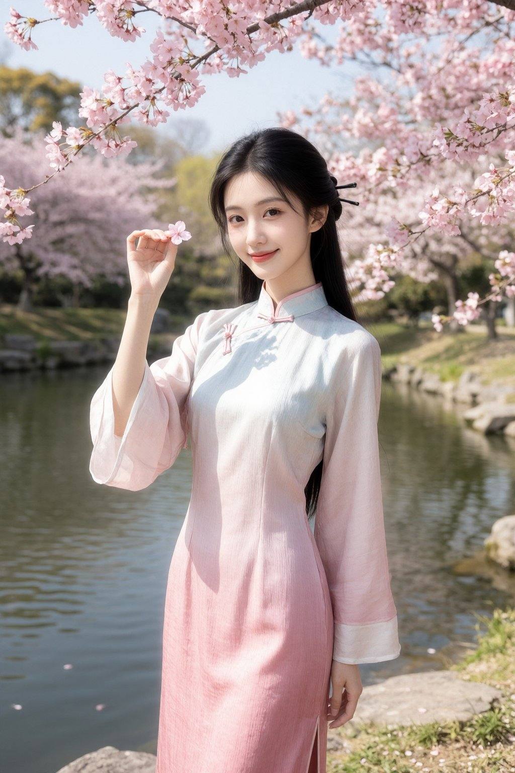 This is a high-resolution photograph featuring a young Asian woman standing in a serene outdoor setting, likely a garden or park, during springtime. She is dressed in a traditional Chinese qipao, a long, flowing gown with a high collar and wide sleeves. The gown is made of a soft, pastel pink fabric with a subtle gradient, transitioning from a pale blue at the top to a deeper, more vibrant pink at the bottom. The sleeves are long and loose, with white linings that add a touch of contrast.The woman has long, straight black hair, styled with a traditional hairpin, and she wears a gentle, natural smile. She holds a single pink cherry blossom petal in her right hand, delicately lifting it towards her face. The background showcases a serene pond with gently rippling water, and the surrounding area is adorned with blooming cherry blossom trees, their branches laden with soft pink flowers. The sky above is clear and bright, suggesting a sunny day. The overall atmosphere of the photograph is calm, peaceful, and full of natural beauty, enhanced by the soft pastel colors and the delicate textures of the fabric and cherry blossoms.