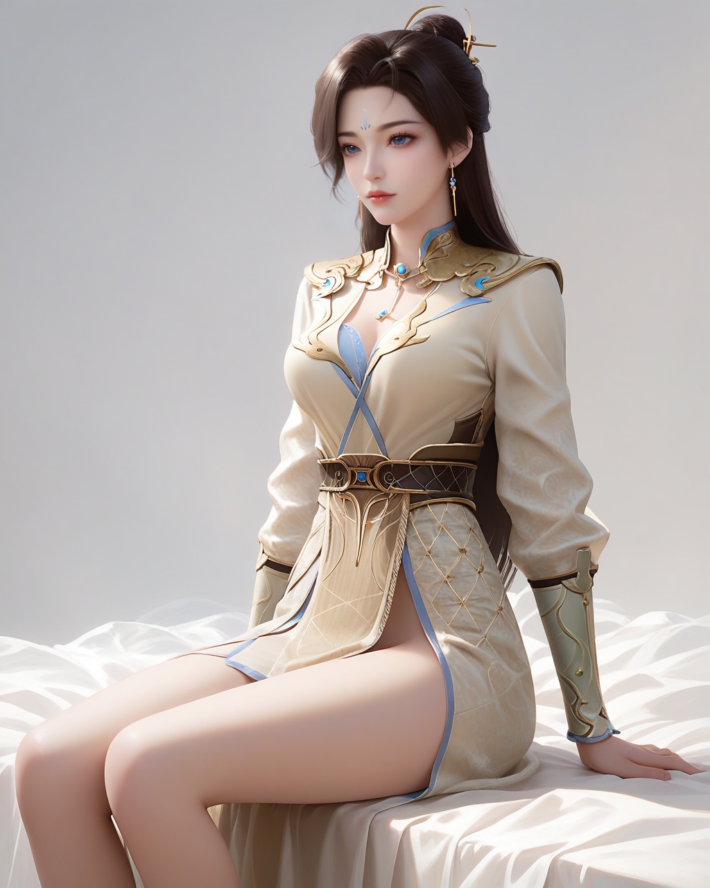 score_9,score_8_up,score_7_up,1girl,long hair,breast,medium breast,earrings,hair_ornament,dress,blue eyes,forehead_mark,<lora:wy_weiwei_XL7.0:0.8>,thick_thighs,sitting,bed,simple background,