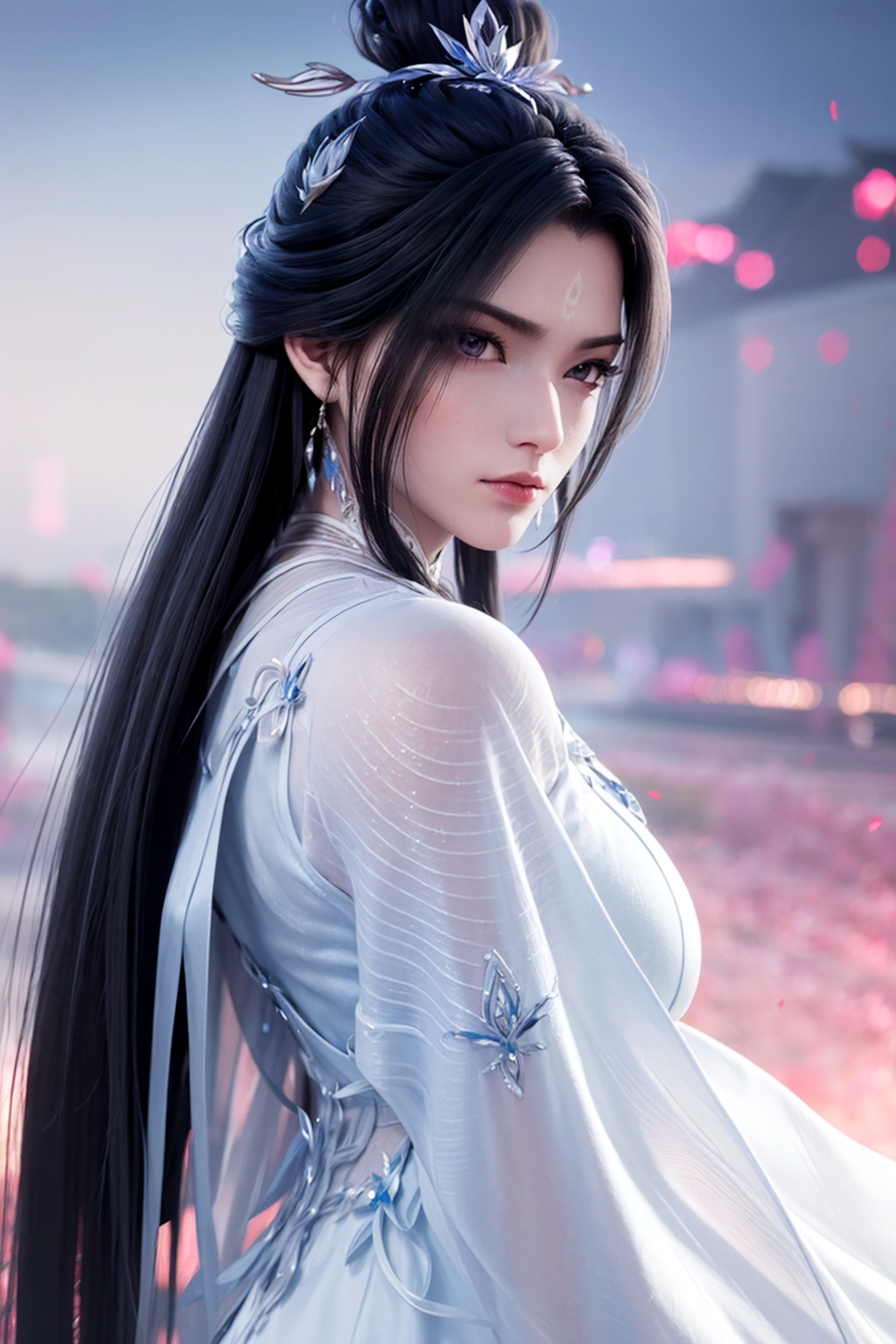 masterpiece,(best quality),official art,extremely detailed cg 8k wallpaper,(extremely delicate and beautiful),solo,realistic,photo_\(medium\),hiqcgbody,(upper body),1girl,chinese clothes,long sleeves,hair bun,forehead mark,long hair,facial mark,hair ornament,<lora:xueqi_d2:0.7>,