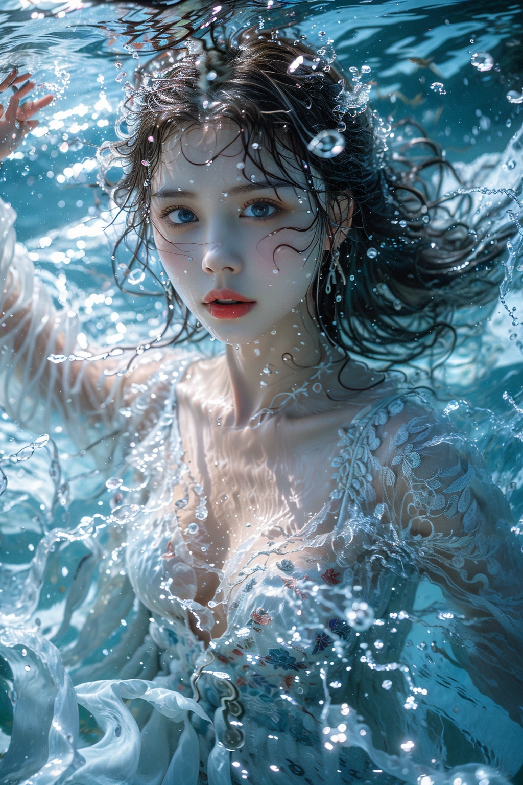 1girl, solo, long hair, looking at viewer, blue eyes, dress, water, white dress, floating hair, lips, upper body, realistic, brown hair, red lips, black hair, blurry, breasts, parted lips, bare shoulders, jewelry, collarbone, underwater<lora:HTTP_20240115220048-000008:1>