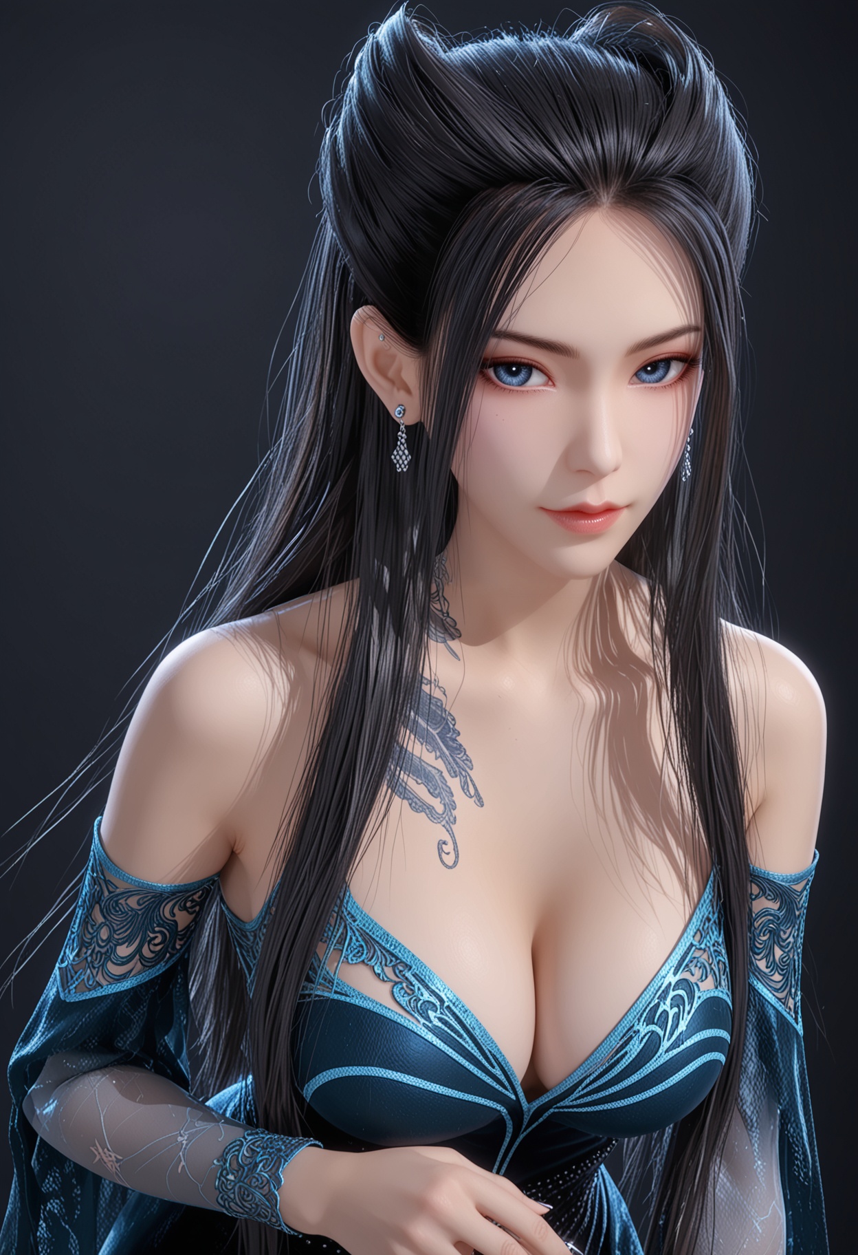 score_9,looking_at_viewer,(upper body:1.2),(huge breasts:0.5),1girl,solo,black_hair,long_hair,dress,bare_shoulders,breasts,blue_eyes,realistic,cleavage,hair_bun,detached_sleeves,jewelry,blue_dress,stud earrings,high_heels,black_dress,piercing,tattoo,ear_piercing,shoes,footwear,(simple background,pure black background,black background:1.1),perfect_anatomy,<lora:QQSponyyanlingjilanyiV1:0.8>,