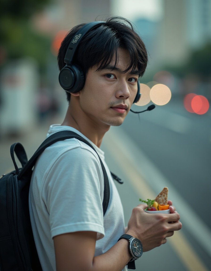 HDR photo of cinematic film still 1boy,male focus,headset,black hair,solo,bag,shirt,watch,holding food,white shirt,backpack,wristwatch,upper body,realistic,looking at viewer,short sleeves,holding,black eyes,day,short hair, . shallow depth of field, vignette, highly detailed, high budget, bokeh, cinemascope, moody, epic, gorgeous, film grain, grainy . High dynamic range, vivid, rich details, clear shadows and highlights, realistic, intense, enhanced contrast, highly detailed