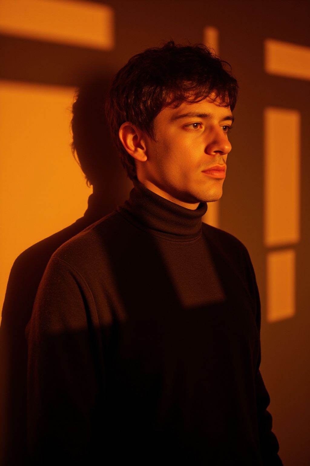 HDR photo of cinematic film still Strong light and shadow contrast,Photo of a man with short dark hair,wearing a black turtleneck sweater,standing in front of a warm orange wall with dramatic shadows cast by a window,looking to the side,serious expression,high quality,low resolution, . shallow depth of field, vignette, highly detailed, high budget, bokeh, cinemascope, moody, epic, gorgeous, film grain, grainy . High dynamic range, vivid, rich details, clear shadows and highlights, realistic, intense, enhanced contrast, highly detailed