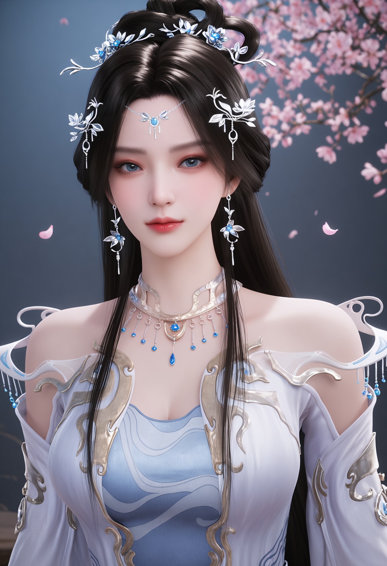 (upper_body:1.2),facing viewer,direct gaze,(looking at viewer:1.1),(masterpiece:1.1),(best quality:1.2),(intricate details),(smog:1.3),(Dark room:1.3),(dim lighting:1.3),peach blossom,falling petals,<lora:YQ_Illustrious光辉v5_安妙依_V1:0.8>,(yashmak:1.2),1girl,q1528437228,solo,long hair,jewelry,black hair,hair ornament,earrings,dress,necklace,blue eyes,white dress,hair bun,hair rings,forehead mark,blue dress,single hair bun,brown hair,detached sleeves,tiara,shoes,masterpiece,(best quality),(intricate details:0.9) BREAK (intricate details:0.9),(realistic skin:1.2),masterpiece,best quality,newest,absurdres,hiahres,