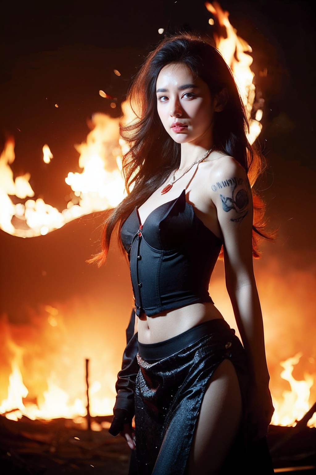 ((((ink)))),((watercolor)),((best quality)),(spirit),((illustration)),(((1 girl))),(beautiful detailed eyes),world masterpiece theater,depth of field,(Burning forest),spark,anime face,Black gauze skirt,(red_hair),blue_eyes,focus_on_face,medium_breasts,(((((messy_long_hair))))),Bare shoulder,very_close_to_viewers,veil,light_leaks,Burning sky,navel,((bustier)),flame,Red Gem Necklace,Rainbow in the sky,Flames burning around,A burning church,(((Fire butterflys ))),(Flying sparks),dragon,burning,fire,jandf,<lora:Flame Dragons:0.6>,