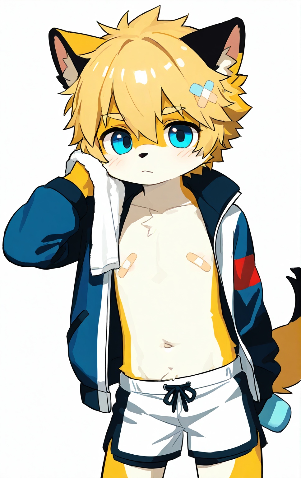 solo, furry, 1boy, furry male, male focus, blue eyes, jacket, blonde hair, bandaid, animal ears, navel, tail, looking at viewer, shorts, towel, bandaids on nipples, hair ornament, short hair