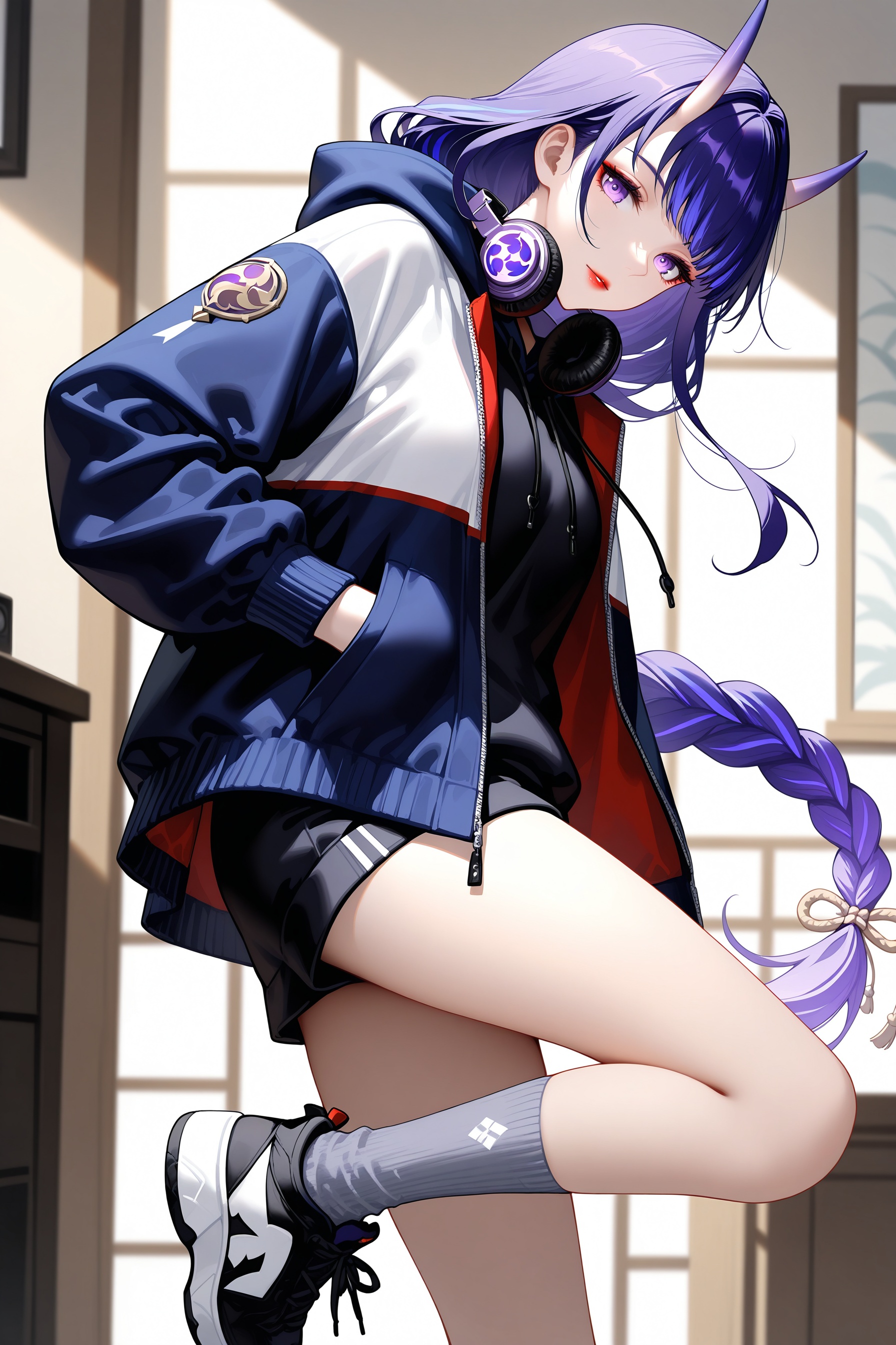 masterpiece,best quality,very aesthetic,intricate detail,sharp focus,absurdres,high resolution,newest,dynamic pose,1girl,solo,very long hair,oni horns,red lips,floating hair,raiden shogun,genshin impact,solo,alternate costume,floating hair,purple eyes,purple hair,sidelocks,braid,single braid,long bangs,long sleeves,hood,hood down,hand in pocket,jacket,blue jacket,hooded jacket,multicolored jacket,two-tone jacket,open jacket,open clothes,pants,black pants,socks,grey socks,sneakers,multicolored clothes,headphone,headphones around neck,from side,standing,head tilt,standing on one leg,looking at viewer,,,very awa,absurdres,