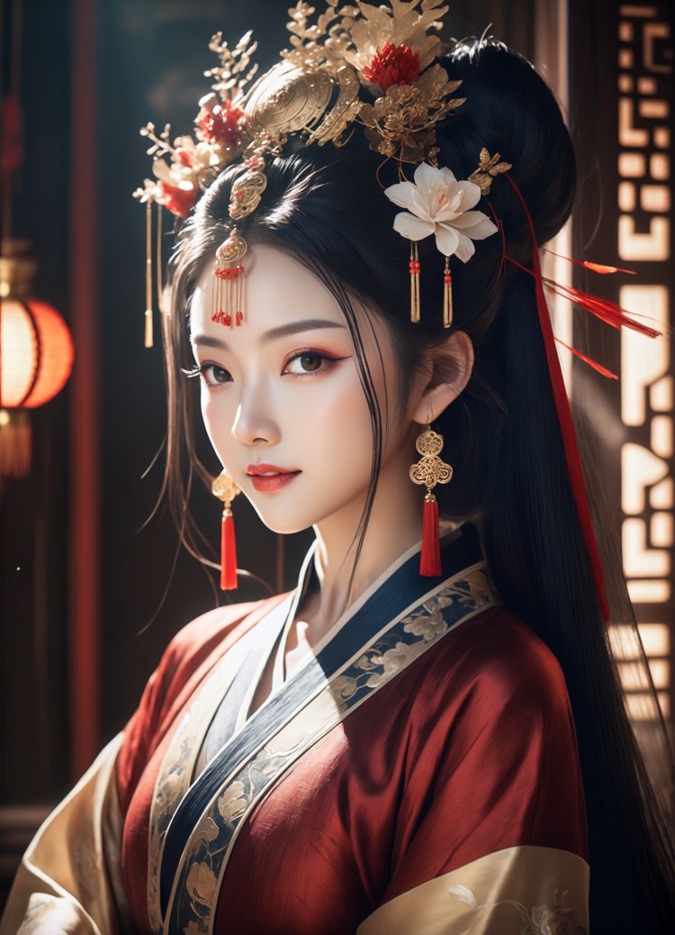 In a cinematic and filmic style, I will depict a captivating scene of a young girl adorned in a regal and elegant Tang Dynasty attire, complemented by ancient headpieces. Her lips are adorned with a striking shade of crimson red, accentuating her beauty. The meticulous makeup enhances her features, showcasing exquisite details. The photograph will be captured with a film grain effect, evoking a nostalgic and vintage atmosphere. Meticulously manipulated lighting will create a penetrating glow, beautifully illuminating the girl's graceful demeanor and showcasing her endless beauty. This cinematic portrayal invites viewers to appreciate the girl's captivating presence and the timeless allure of Tang Dynasty fashion, immersing them in a world of regal elegance and timeless beauty.dyanmic angle,looking at viewer,charming smiling,