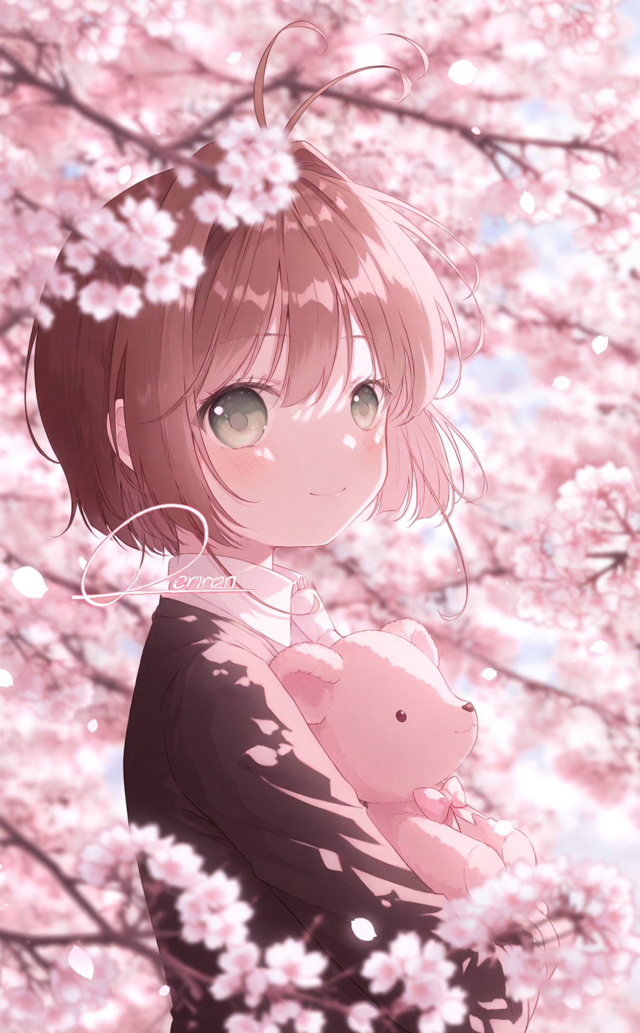 best,1girl,cherry blossoms,kinomoto sakura,green eyes,brown hair,stuffed toy,stuffed animal,teddy bear,solo,smile,short hair,holding stuffed toy,spring (season),antenna hair,blurry,shirt,closed mouth,upper body,pink flower,holding,blurry foreground,petals,flower,white shirt,collared shirt,outdoors,hair between eyes,jacket,from side,black jacket,depth of field,branch,falling petals,blurry background,school uniform,long sleeves,blush,day,looking to the side,looking at viewer,hair intakes,pink theme,tree,hugging object,wing collar,kero,child,blazer,sidelocks,<lora:lp42.e-000046:0.8>,