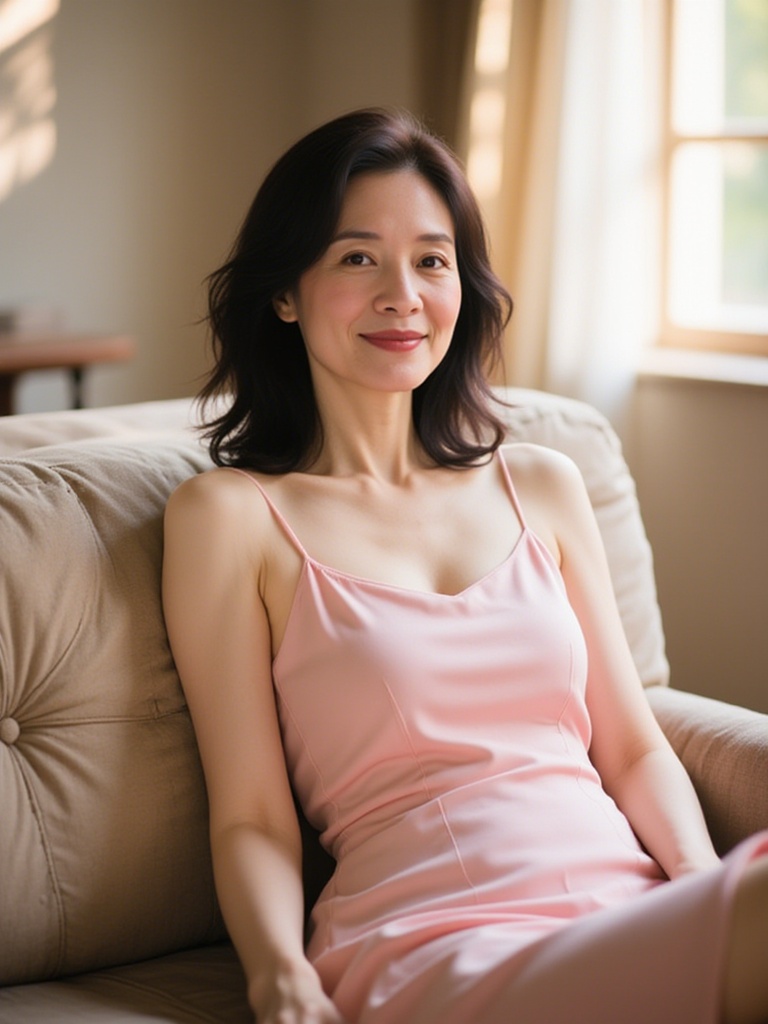 ss,A serene young woman with straight black hair, dressed in a pastel pink dress, lounging on a cozy sofa, with sunlight streaming through a window and casting soft shadows on the wall.<lora:SA-T-女性主义_S40.4:1>