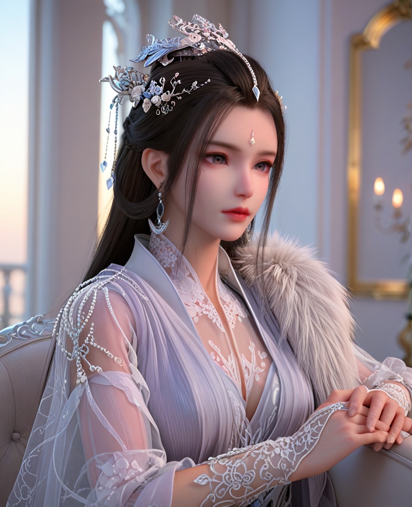 (oriental architecture, elegant decor, sophisticated style:1.1),(hand shaking with a man:1.1),(breasts:1.2),<lora:XL少白醉春风玥瑶:0.8>,miss yueyao,chiffon dress layered on top of slit peplos,black hair,long hair,hair ornament,hair bun,hair flower,crescent earrings,jewelry,shoulder pearl chain,left shoulder fur trim,left shoulder shawl,sash,forehead jewel,beads under eye,lace opera length gloves,, score_9,score_8_up,score_7_up,score_6_up,score_5_up,score_4_up,3d rendering,tag1,tag2, Cinematic Lighting,backlighting,