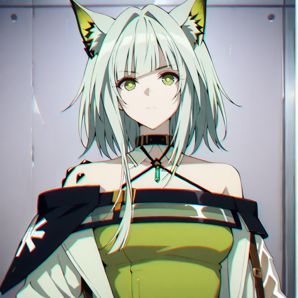 kal'tsit (arknights),ANIME_STYLE,animal ear fluff,Animal ears,short hair, blunt bangs,sidelocks,bangs, green eyes,green hair, cat ears, oripathy lesion \(arknights\),<lora:凯尔希-动画-ill:0.8>