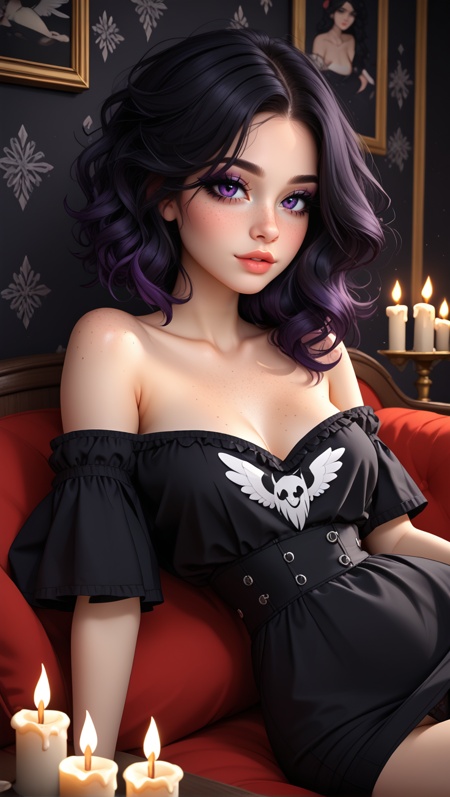 score_9, score_8_up, score_7_up, bokeh,girl, gothic, dramatic eyeliner wings, (beautiful face, cute face, 18 years old), messy black hair with subtle dark violet ends, solo, [[freckles on face, freckles on chest, freckles on breasts]], (narrow waist, narrow hips:1.3), lying flat on her stomach, head resting sideways on her arm, low black panties and off-shoulder bralette, scattered small candles flickering around, deep textured dark wall behind her