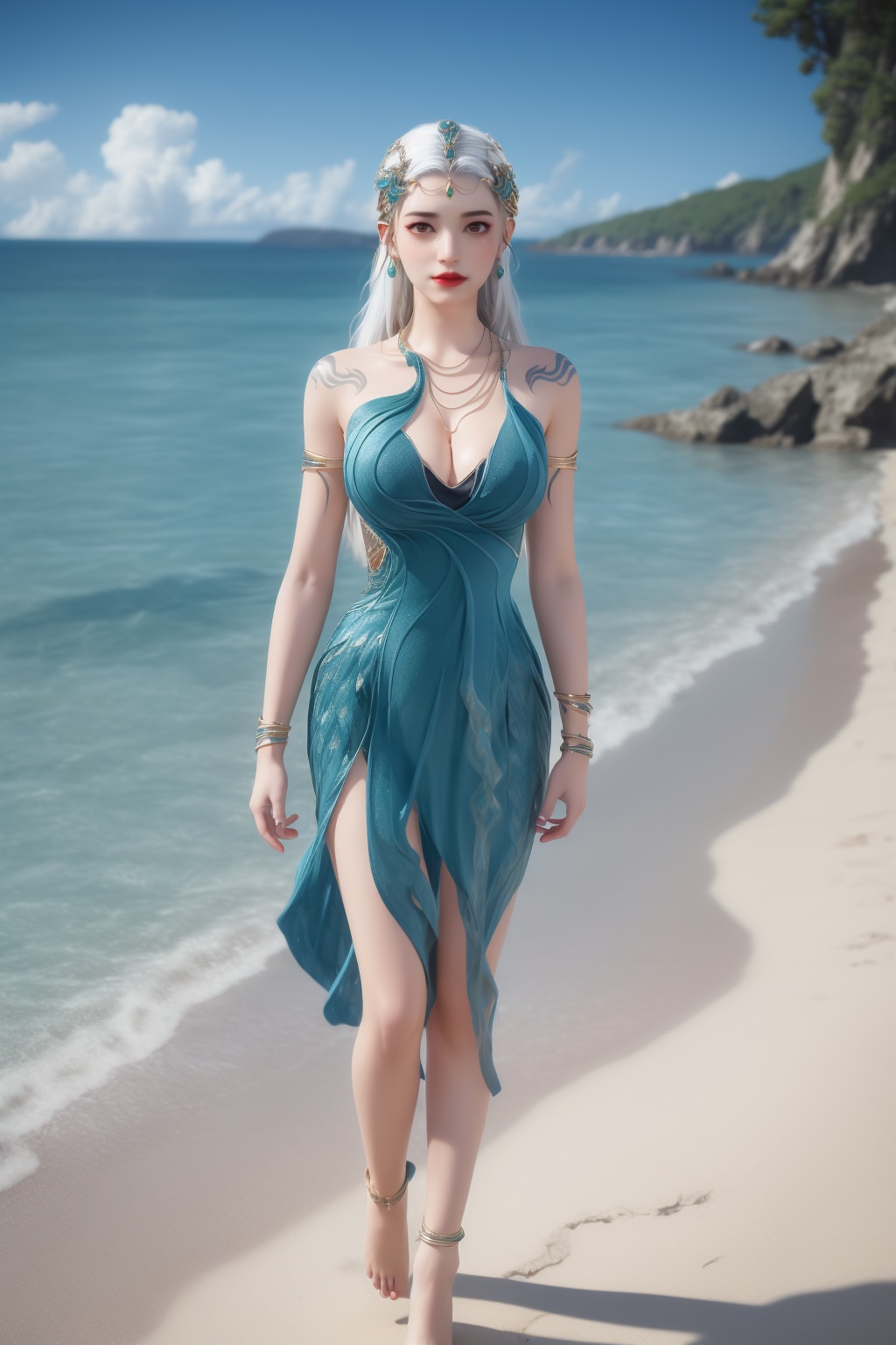 photo_\(medium\),(8k, RAW photo, best_quality),(masterpiece:1.2),(realistic:1.2),(photorealistic:1.3),(ultra-detailed),(extremely_detailed_cg_8k_wallpaper),(crystal_texture_skin:1.3),(shiny:1.2),(shiny_skin:1.4),(extremely_delicate_and_beautiful),shenfengQinYao,1girl,solo,blue dress,torogao,bouncing breasts,cleavage,armlet,tattoo,bracelet,standing,white hair,barefoot,anklet,jewelry,hair ornament,earrings,red lips,realistic,looking at viewer,summer,beach,sea,sunshine,<lora:shenfengQinYao_20240524201339-000005:0.7>,