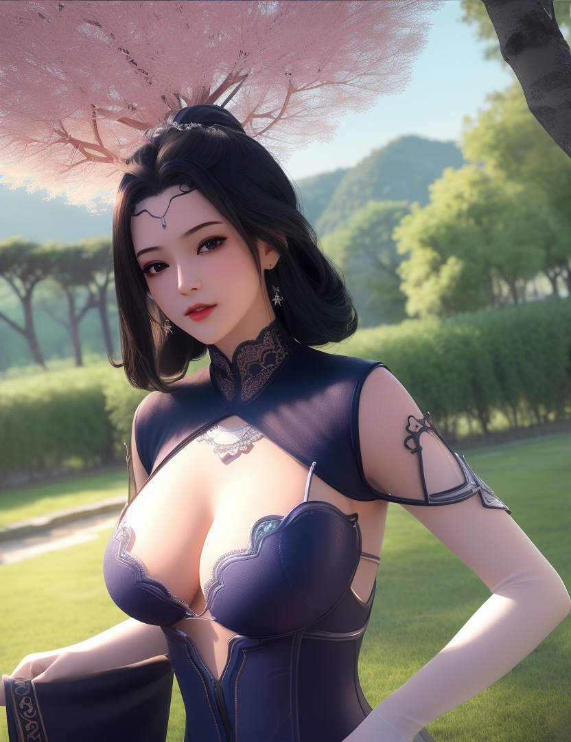 <lora:529-DA-诛仙-幽姨:0.8>(,1girl, ,best quality, ),looking at viewer,  ,, ultra detailed background,ultra detailed background,ultra realistic 8k cg,,masterpiece, (( , )), fiction,mole,  ,     ,see-through, lace, (cleavage),(((, solo, sun, , bare_tree, )))