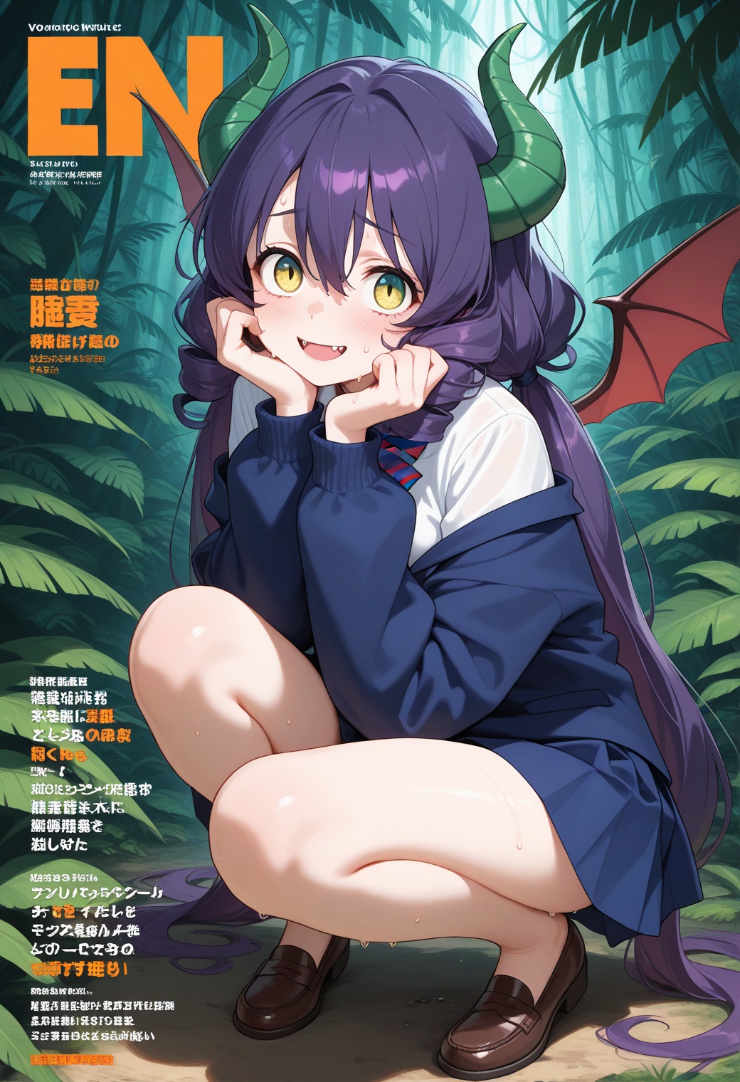masterpiece,best quality,amazing quality,very aesthetic,absurdres,newest,1girl,(monster girl, green horns, bat wings),purple hair,very long hair,pointy hair,low twintails,hair between eyes,yellow eye,skinny BREAK 1girl,squatting,sweat,sweating BREAK erotic,cyan school uniform,jungle,rainforest,amazon,(cyan background),magazine cover BREAK safe,