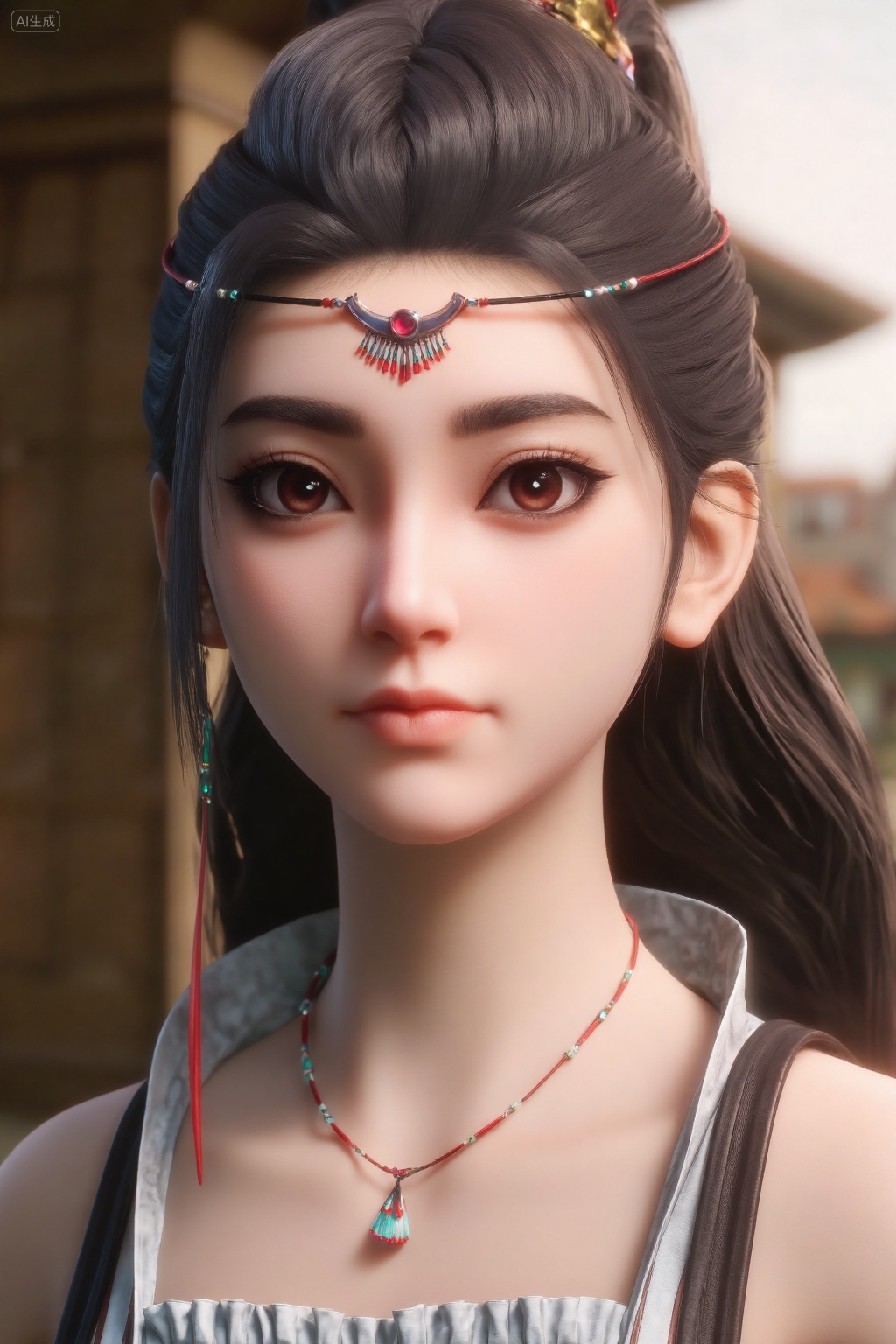 This is a highly detailed CGI rendering of a young woman with fair skin and dark brown hair styled in an elegant updo. She wears a decorative headpiece with colorful beads and a red gem. Her large,expressive brown eyes are accentuated with dark eyeliner. The background is blurred,suggesting an outdoor setting.,, masterpiece,best_quality,ultra-detailed,soft lighting,ethereal atmosphere,delicate composition,natural textures,minimalist aesthetic,serene mood,polished photography,high-resolution clarity,harmonious tones,elegant posing,intimate ambiance,refined details,balanced framing,photorealistic rendering,soothing color palette.,, Negative prompt: ng_deepnegative_v1_75t,(badhandv4:1.2),EasyNegative,(worst quality:2),,nsfw, Steps: 30, Sampler: DPM++ 2M, CFG scale: 3.5, Seed: 982678499, Size: 1024x1536, Model hash: 062dad72b2, Model: 麦橘超然majicFlus_v1.safetensors, Denoising strength: 0, RNG: CPU, Lora 1: 20250824-1756037358474-0011, Lora Hash 1: bac9627187, Lora Weight 1: 1.2, Lora 2: MAJICFLUS_麦橘光影约拍, Lora Hash 2: 158a204aee, Lora Weight 2: 0.6, vae_name: automatic