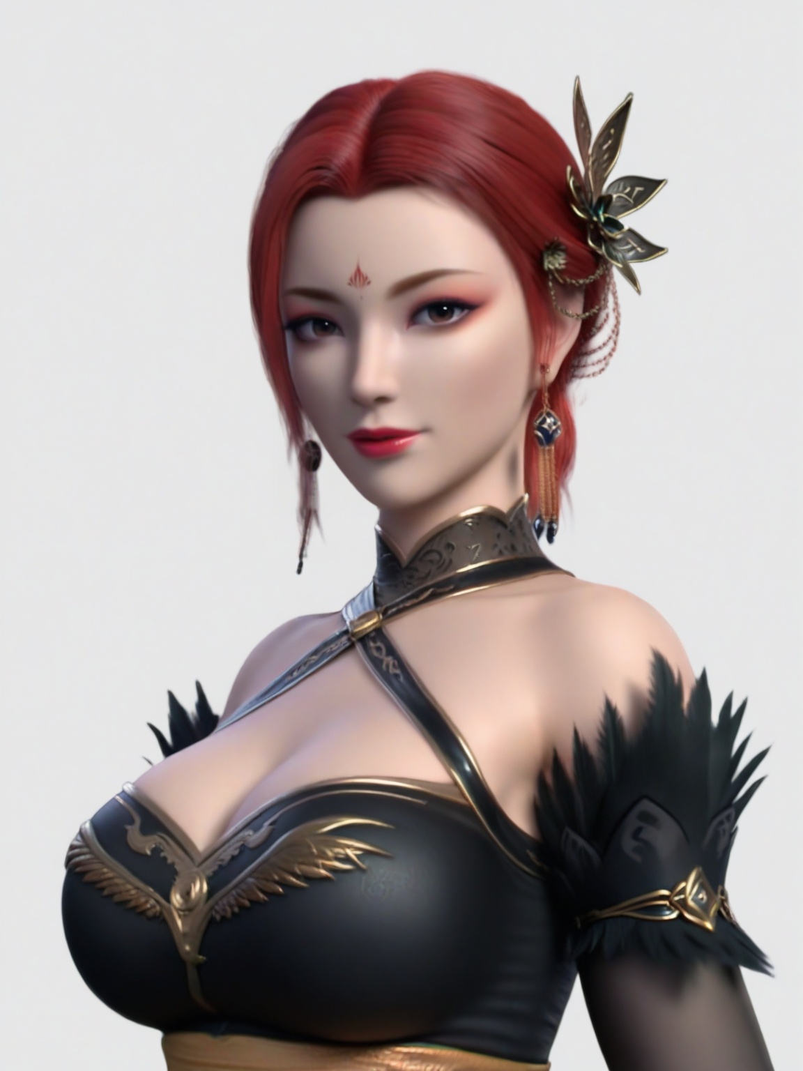 score_9,(perfect_anatomy:1.1)1girl,enchanting expression,looking at viewer,breasts,large breasts,solo,standing,hair ornament,black dress,eyeshadow,red hair,detached sleeves,looking at viewer,white background,simple background,upper body, <lora:SF_YaFei_Pony_Realism2.3-000003:0.7>,