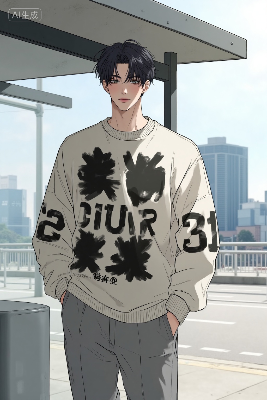 masterpiece,best quality,high detail,realistic anime style,, a drawing of a handsome young man,, in an oversized graphic sweater and tailored trousers gives a cool, relaxed gaze while waiting at a minimalist concrete bus shelter, the city's skyline blurred behind him, Negative prompt: ng_deepnegative_v1_75t,(badhandv4:1.2),EasyNegative,(worst quality:2),,nsfw, Steps: 30, Sampler: Euler, CFG scale: 3.5, Seed: 2404037757, Size: 1024x1536, Model hash: 8cba4f1ef4, Model: F.1基础算法模型-哩布在线可运行_F.1-dev-fp8.safetensors, Denoising strength: 0, RNG: CPU, Lora 1: 20251118, Lora Hash 1: 9783be0a3a, Lora Weight 1: 1.0, vae_name: automatic
